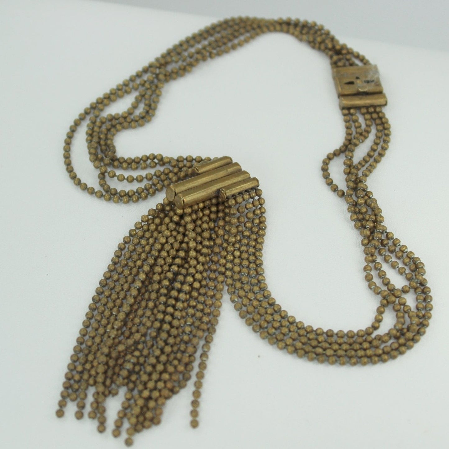 Rare Art Deco Necklace 5 Strand Brass Ball Beads Focal Bead Tassel unusual
