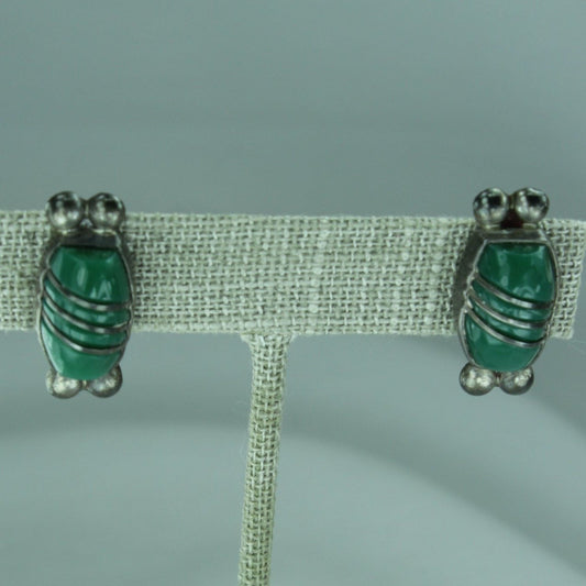 Vintage 1940s Earrings Sterling Green Stone Mexico Screw Finding