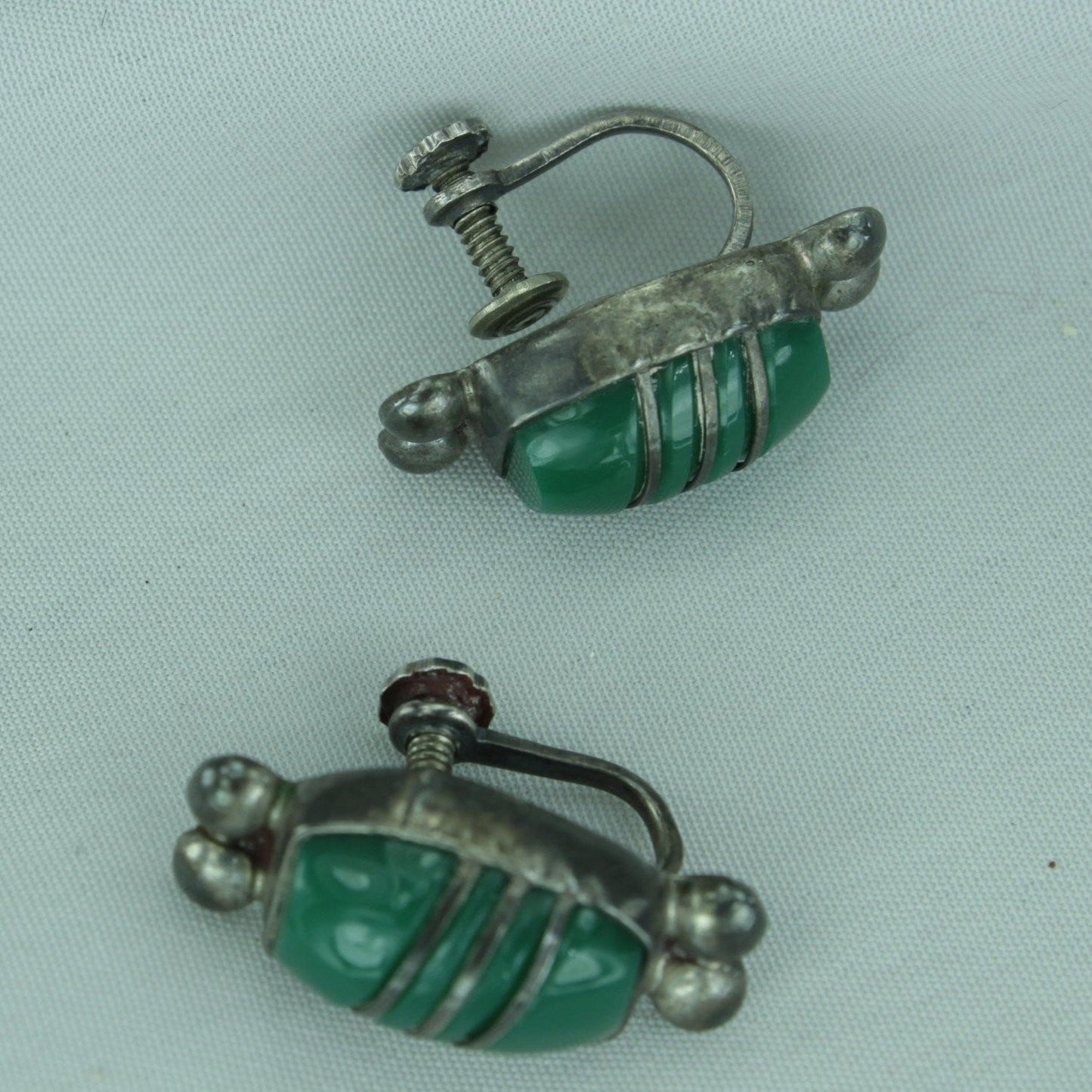 Vintage 1940s Earrings Sterling Green Stone Mexico Screw Finding 925