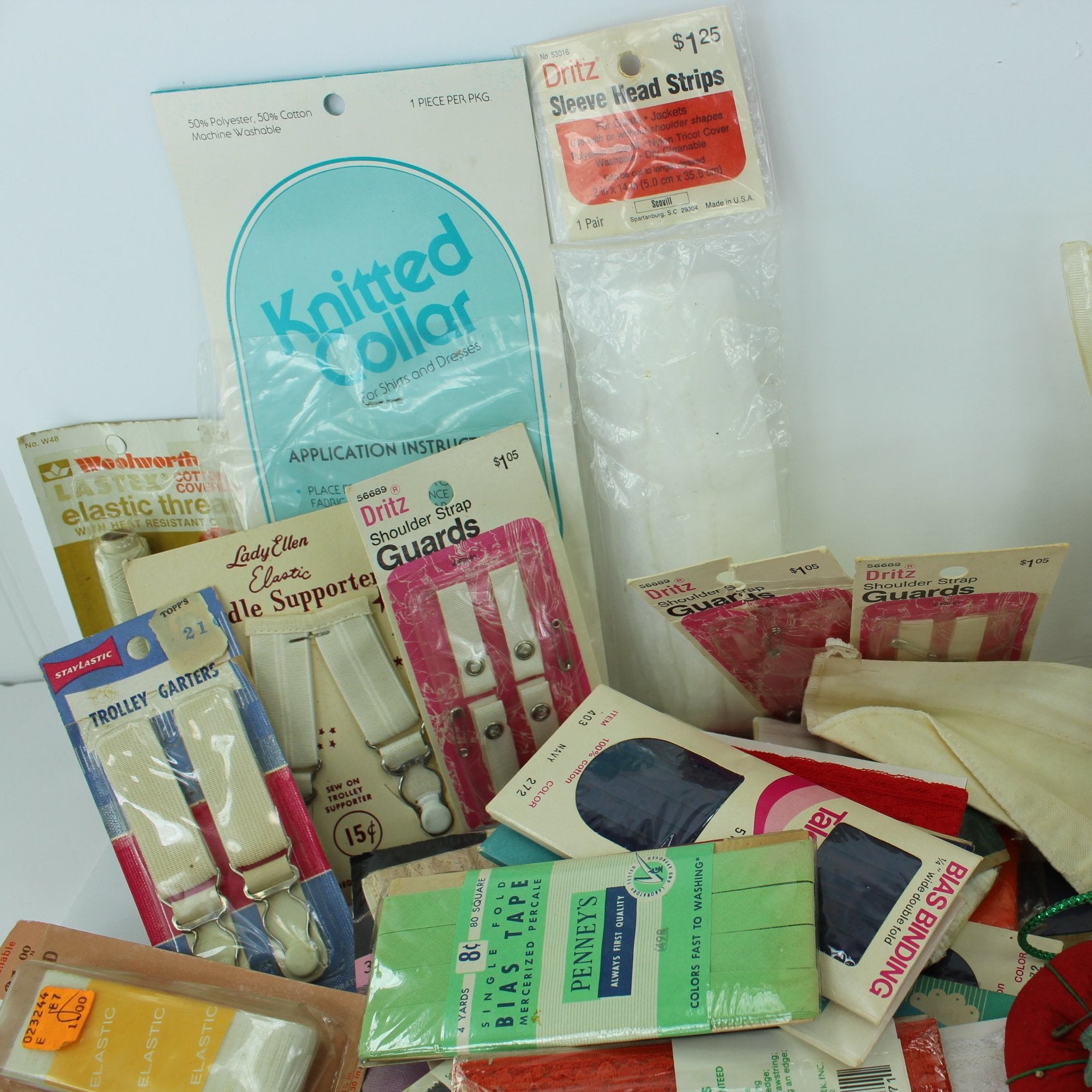 Lot Collection Sewing Supplies Elastic Snaps Hooks Zippers Bias Hem Tape Rick Rack Dritz Wright zippers hem tape