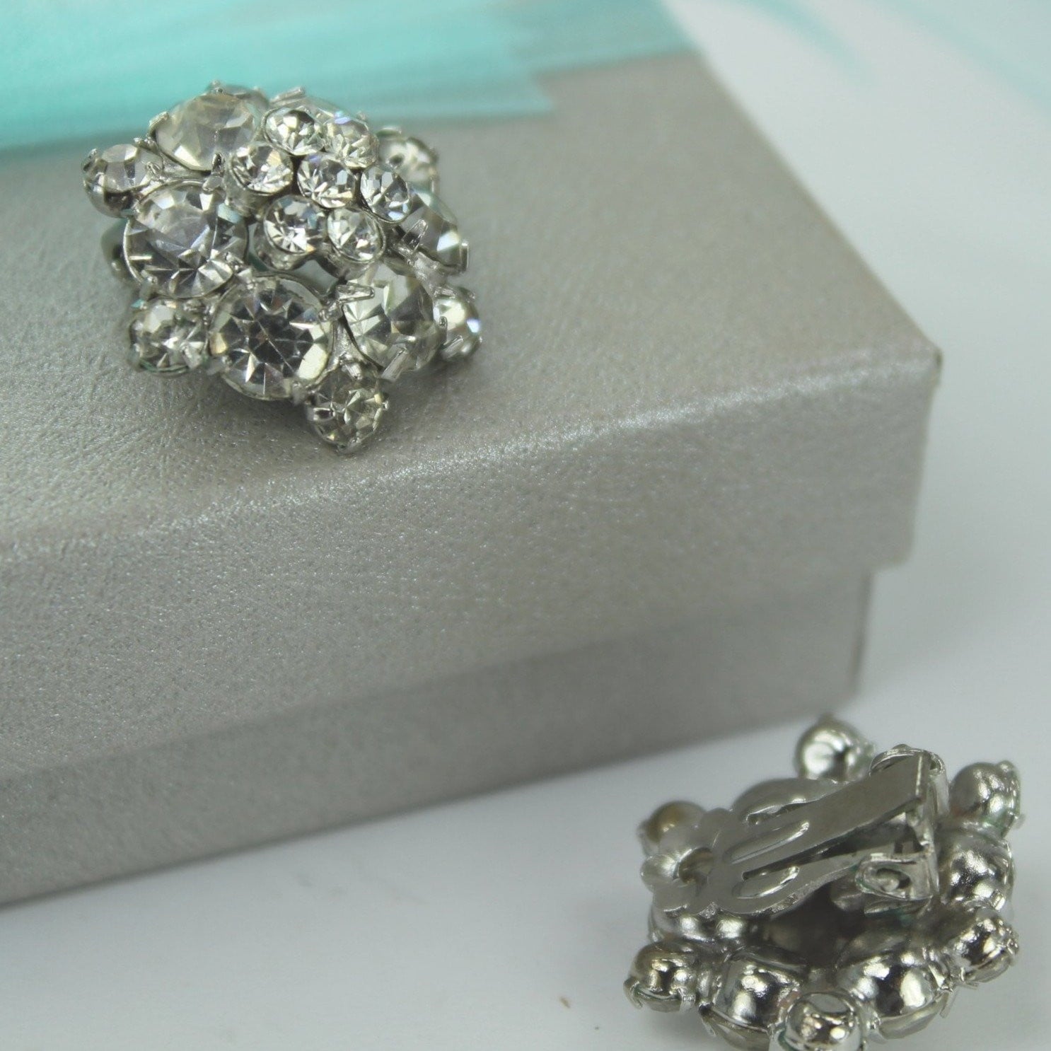 Exceptional Rhinestone Earrings Fiery Cluster Clear Stacked Prong Set Stones brilliant