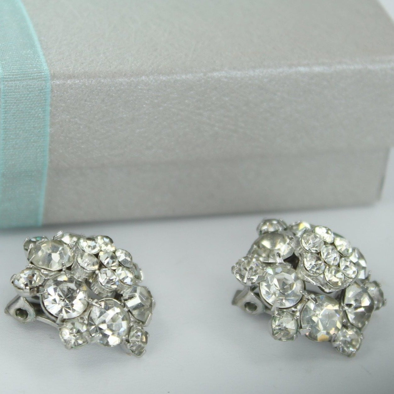 Exceptional Rhinestone Earrings Fiery Cluster Clear Stacked Prong Set Stones