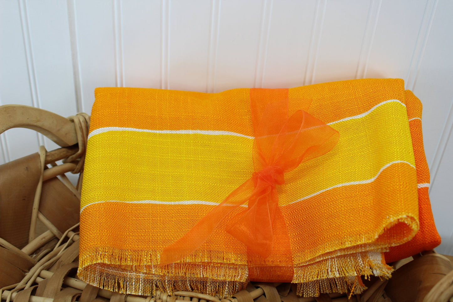 Boussac Antifroiss Fabric Stripe Orange Yellow Heavy Weave 2 Yards X 45" DIY Decor collectible