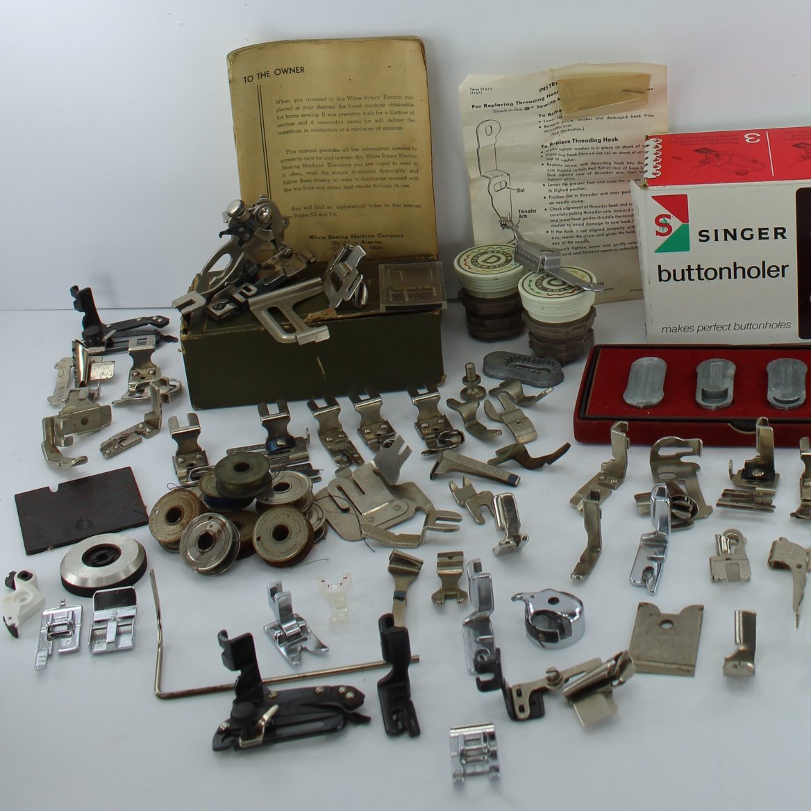 Lot 90 Sewing Machine Attachments Bobbins Buttonholers Misc. Singer Si