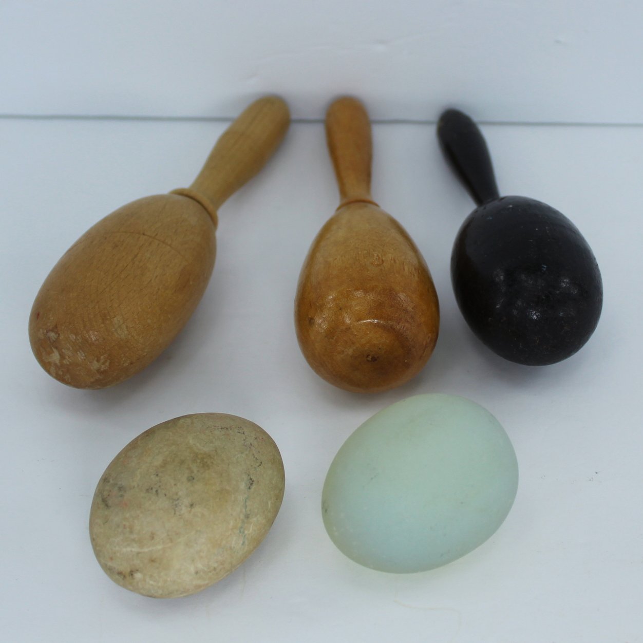 Nice Old Sock Darners Lot of 5 Wood Blue Iridescent Marbled Stone different shapes sizes