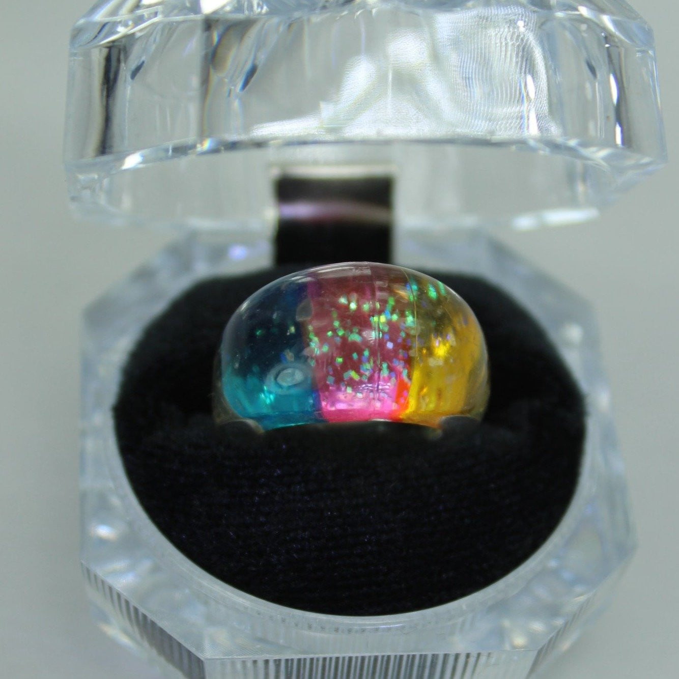 Vintage Lucite Ring Rainbow Dome with Sparkles Clear Blue Yellow Pink