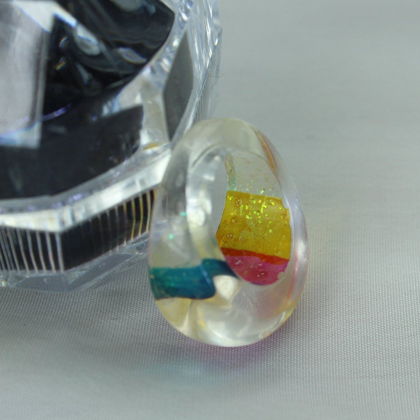 Vintage Lucite Ring Rainbow Dome with Sparkles Clear Blue Yellow Pink vibrant