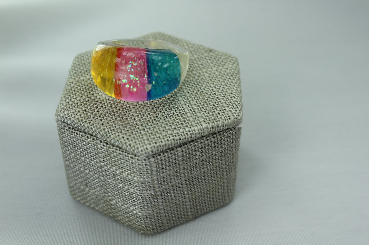 Vintage Lucite Ring Rainbow Dome with Sparkles Clear Blue Yellow Pink modernist
