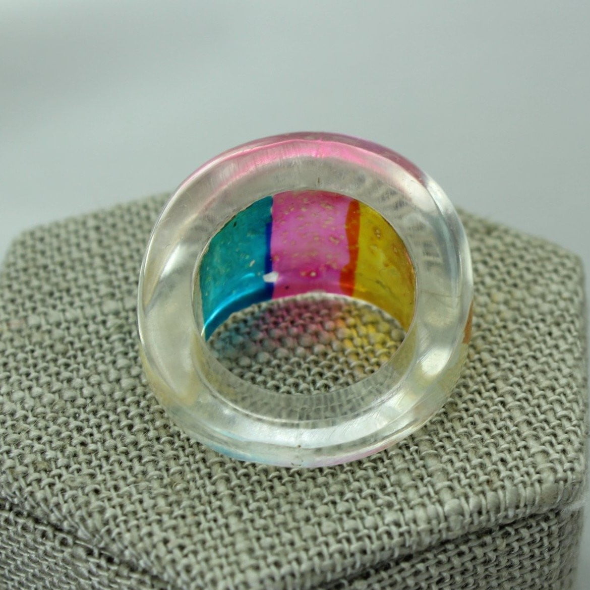 Vintage Lucite Ring Rainbow Dome with Sparkles Clear Blue Yellow Pink mod