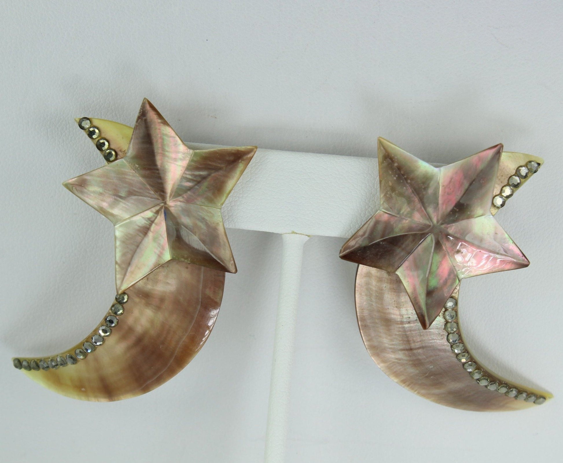 Spectacular Abalone Earrings Moon and Stars Huge 2 1/2" Rhinestone Crescent Post Pierced