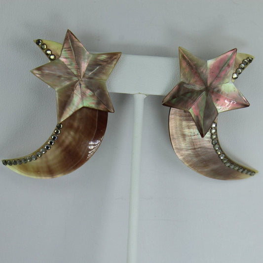Spectacular Abalone Earrings Moon and Stars Huge 2 1/2" Rhinestone Crescent Post Pierced collectible Vintage