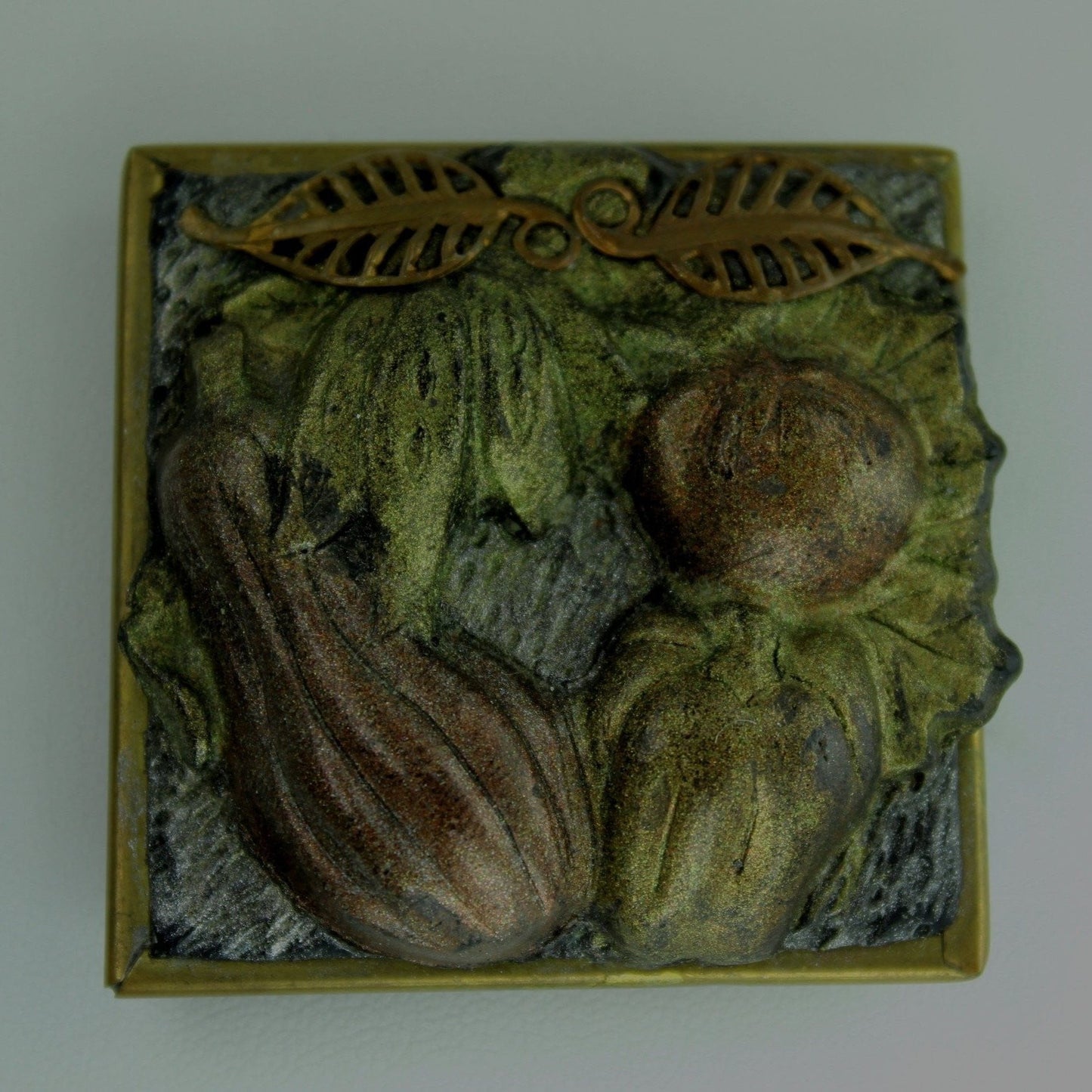 Artisan Vegetable Pin Brooch - Metallic Clay on Glass Eggplant Pepper 2" Square OOAK
