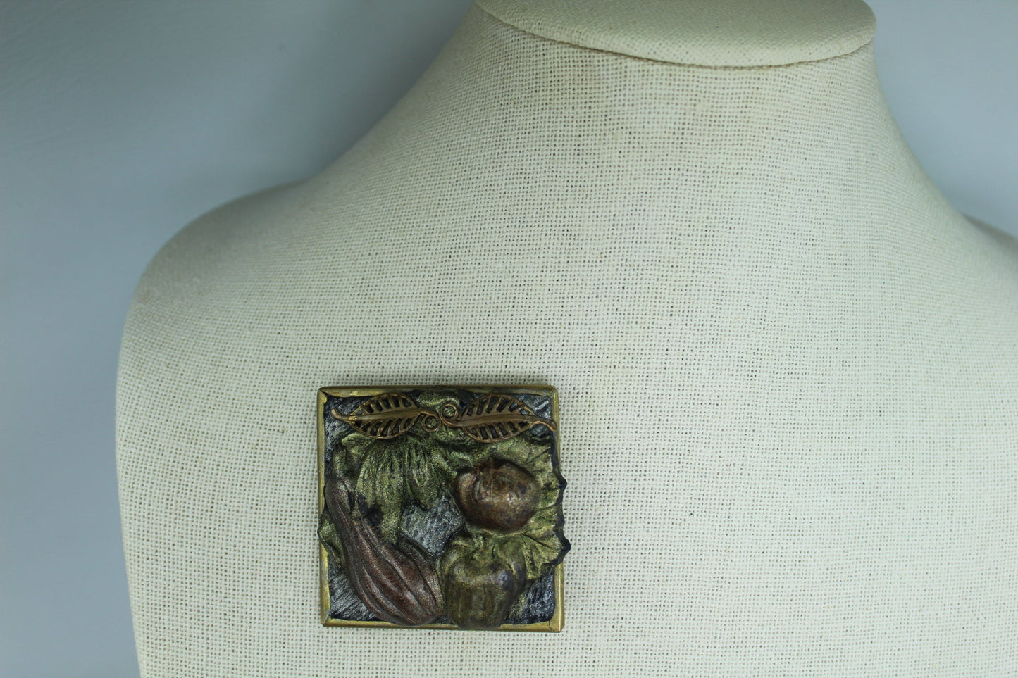 Artisan Vegetable Pin Brooch - Metallic Clay on Glass Eggplant Pepper - 2" Square striking one of kind