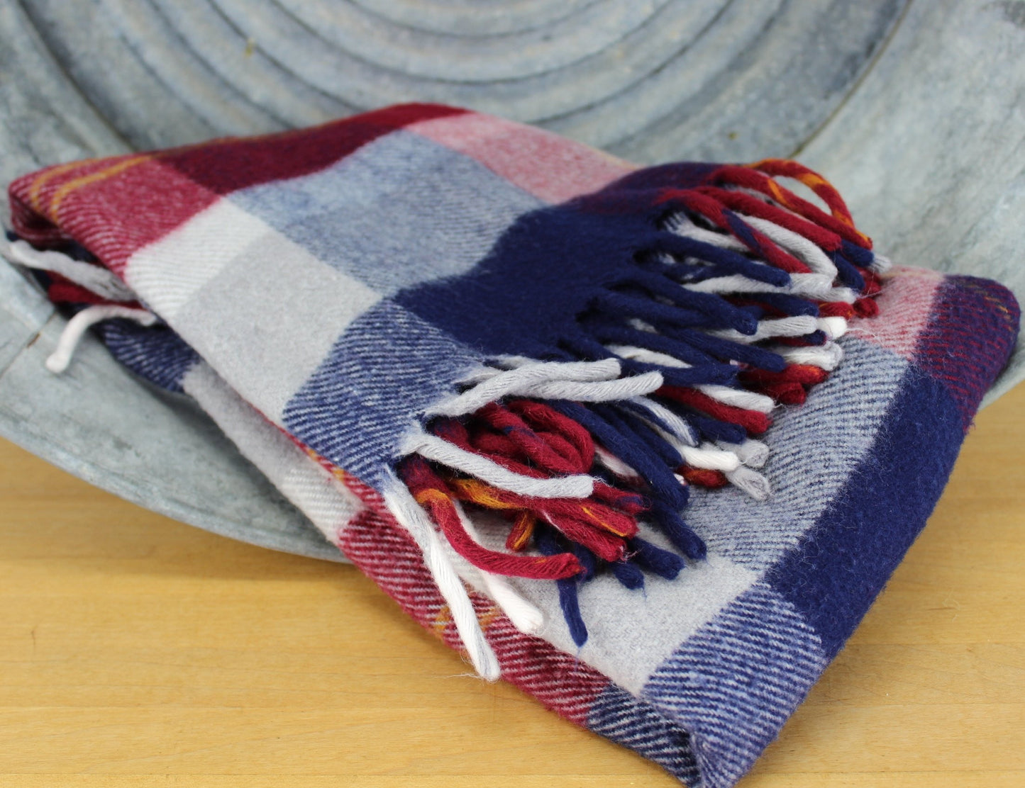 Faribo USA Acrylic Throw Fringed Blanket Navy Burgundy White Plaid Vintage has original maker tag