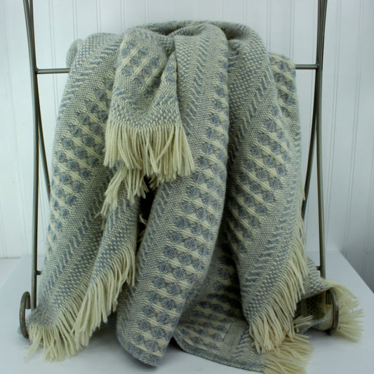 Pendleton Wool Throw Fringed Woven Design Blue Ivory