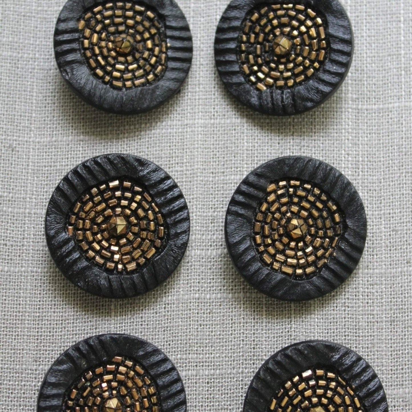 LA MODE Black Glass Buttons 1 3/8" Vintage Collection 6 Gold Sequin Center designer