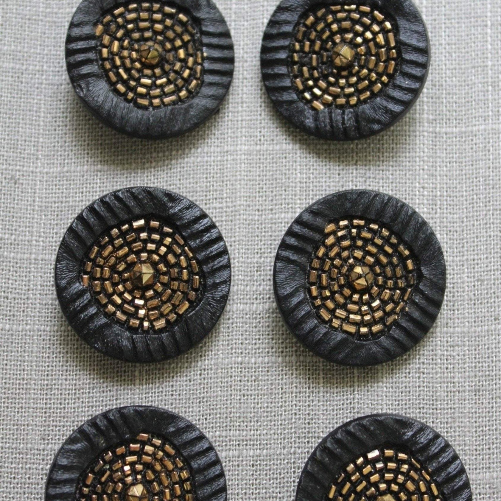LA MODE Black Glass Buttons 1 3/8" Vintage Collection 6 Gold Sequin Center designer