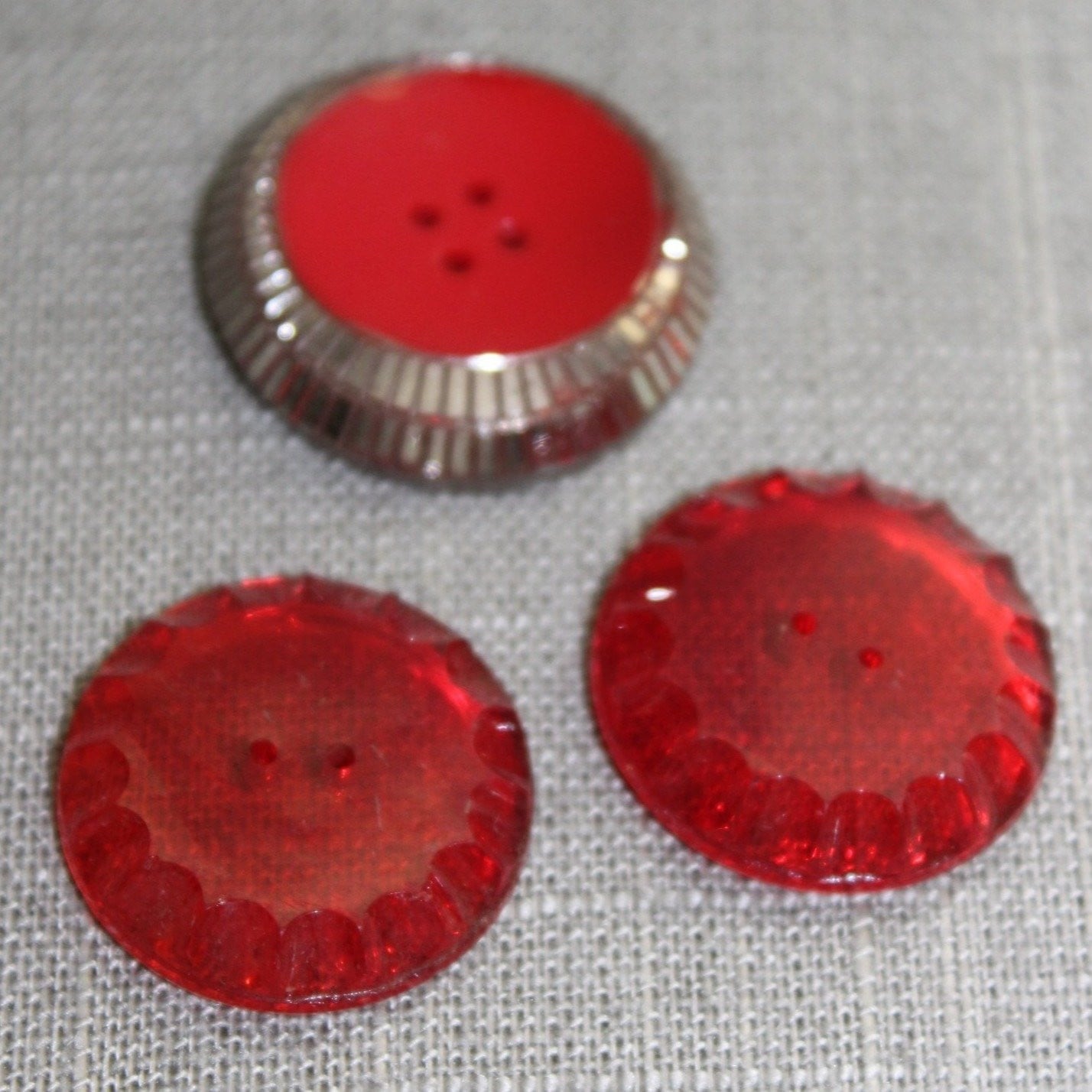 Red Glass Buttons Lot 3 Vintage Collection Scallop Silver Deco