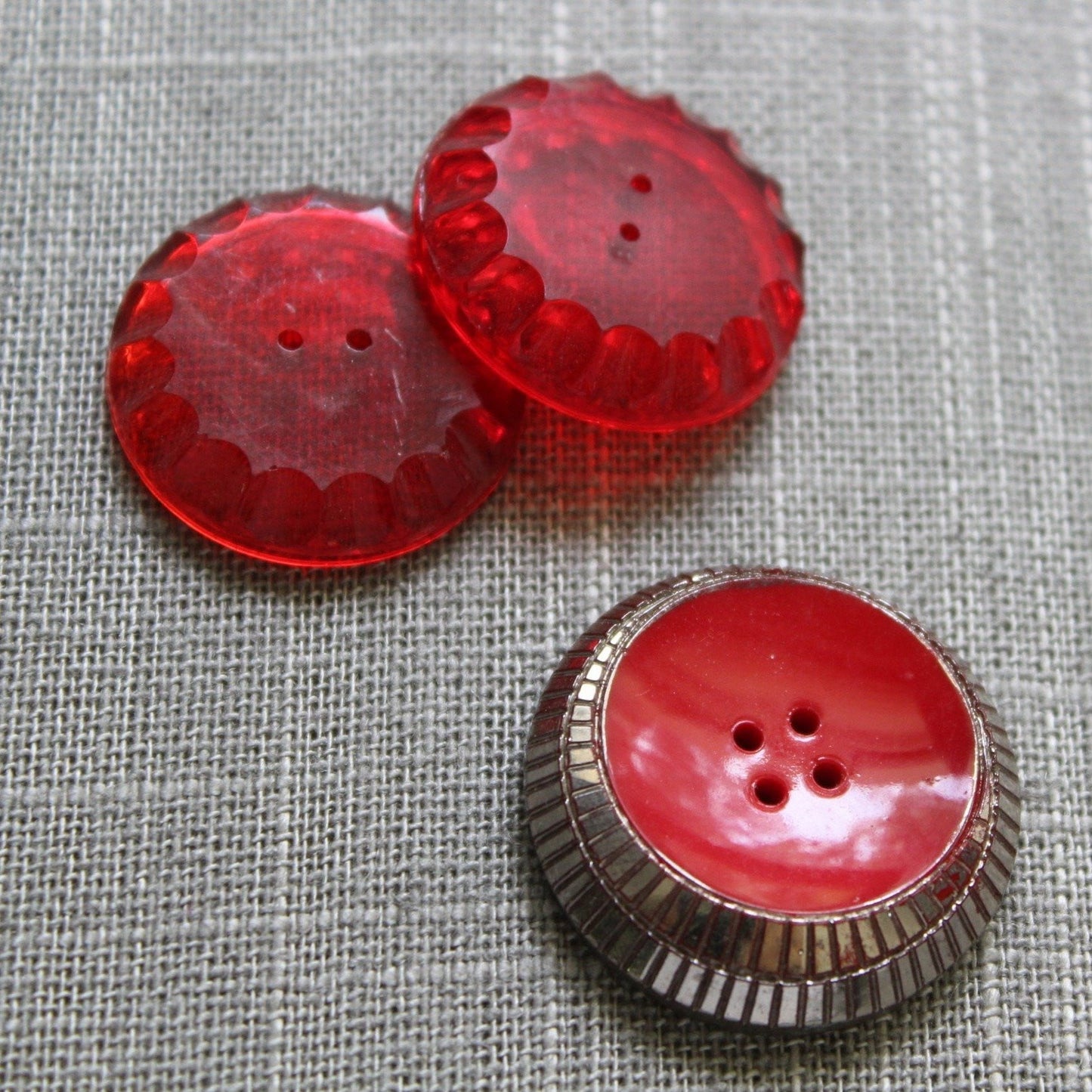 Red Glass Buttons Lot 3 Vintage Collection Scallop Silver Deco art