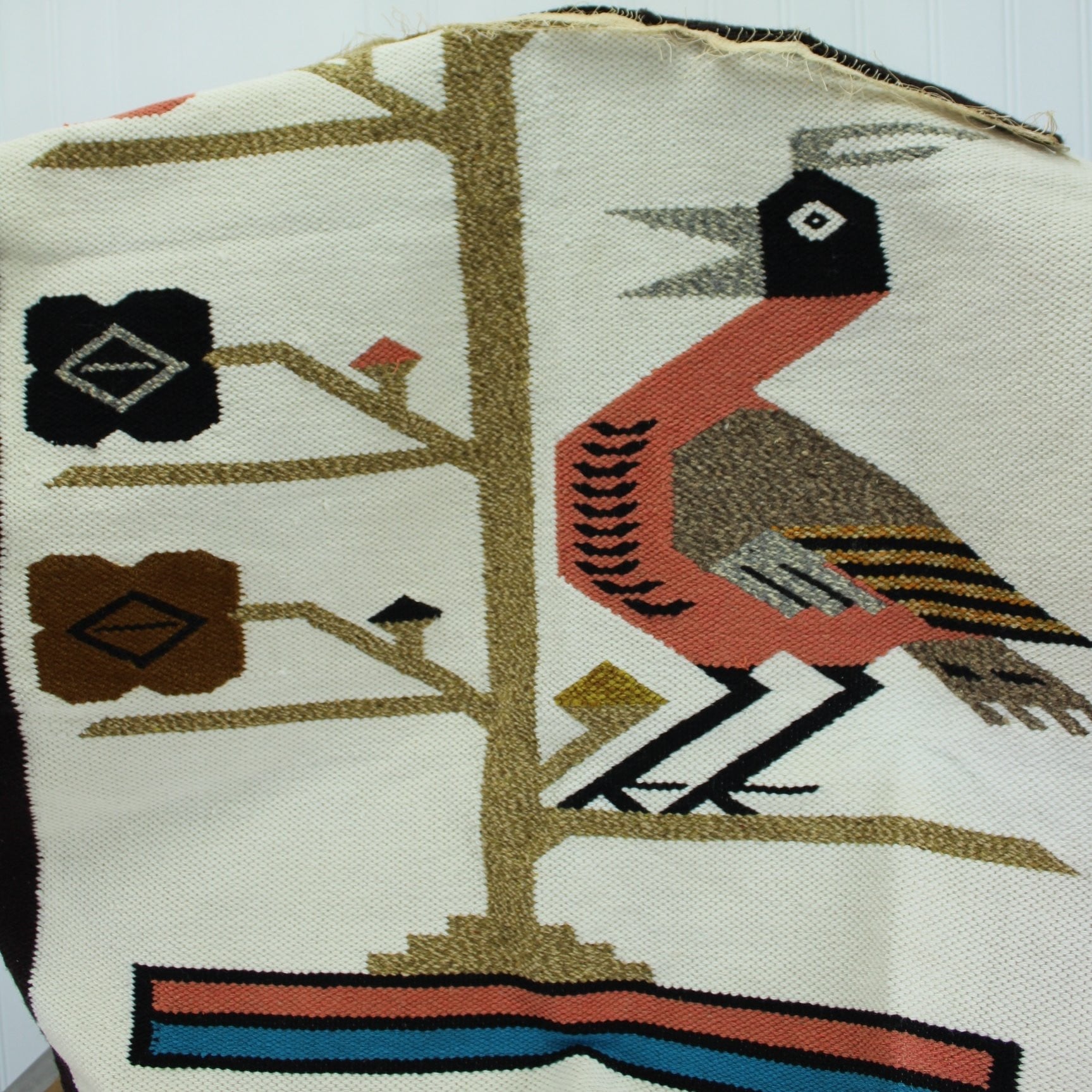 wall hanging small rug bird on geometric tree colorful ethnic weaving