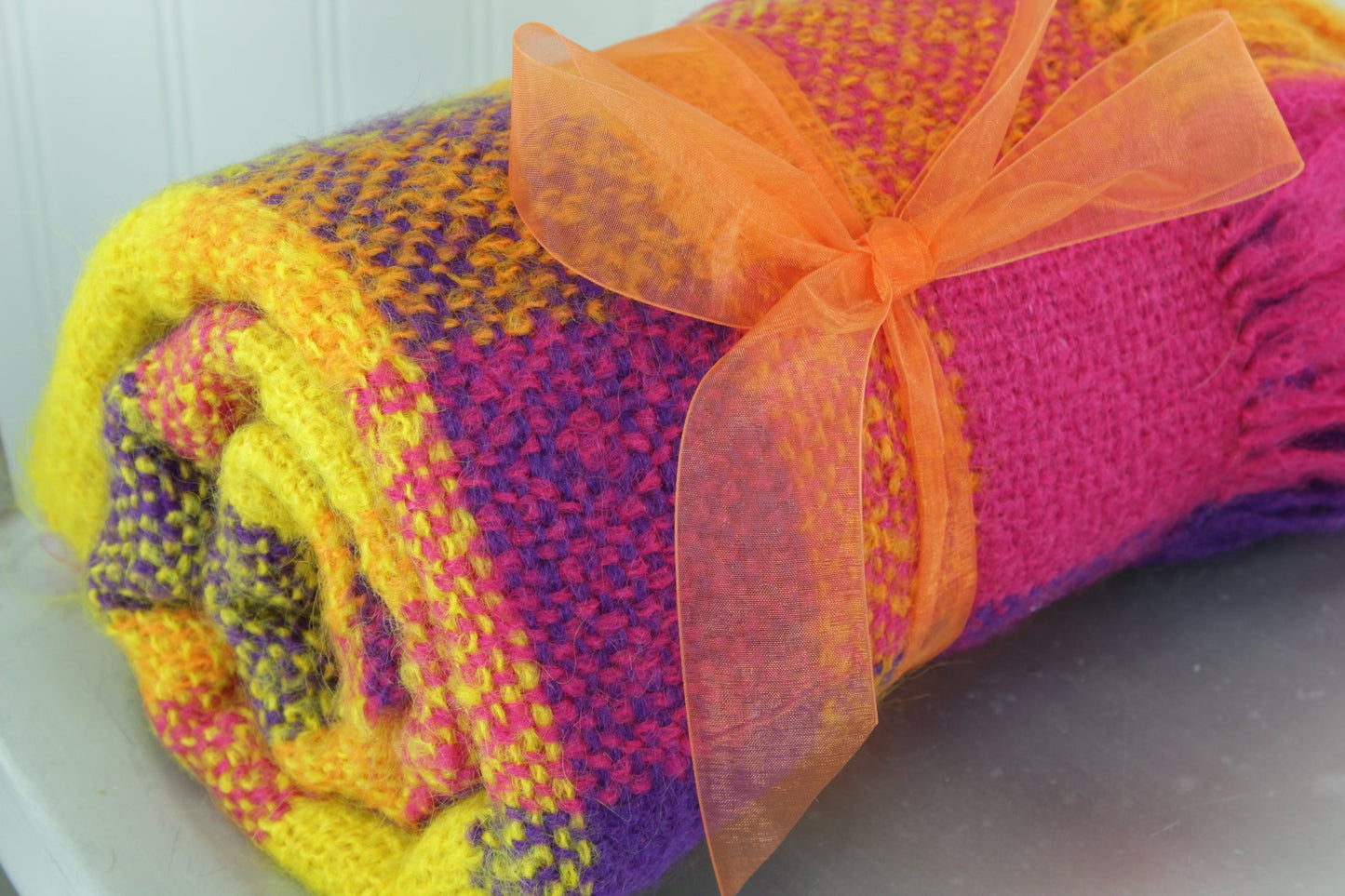 Wool Mohair Throw Scarf Modern Plaid 36 X 72 Pink Orange Yellow 7" fringe