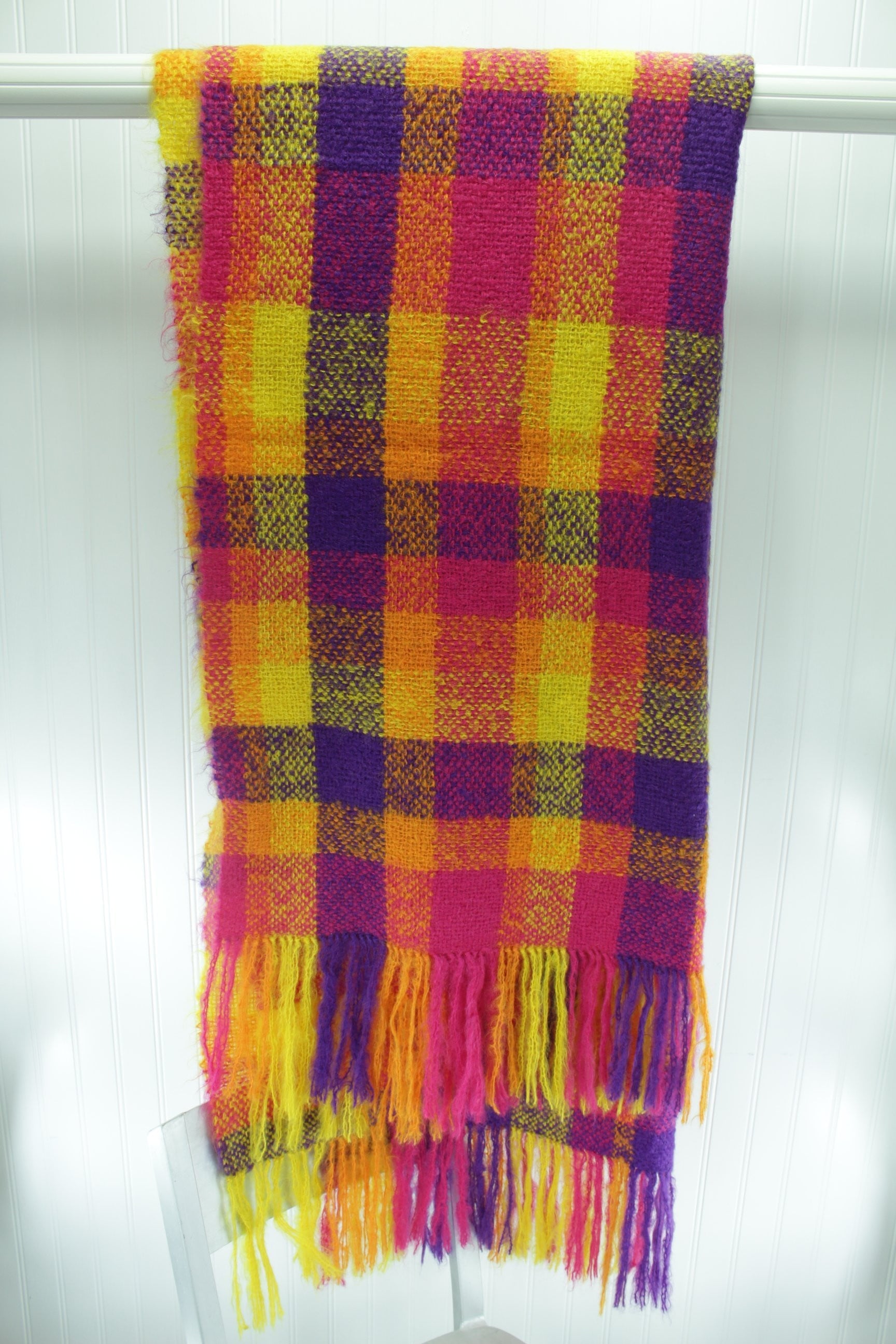 Wool Mohair Throw Scarf Modern Plaid 36 X 72 Pink Orange Yellow 7" fringe long scarf
