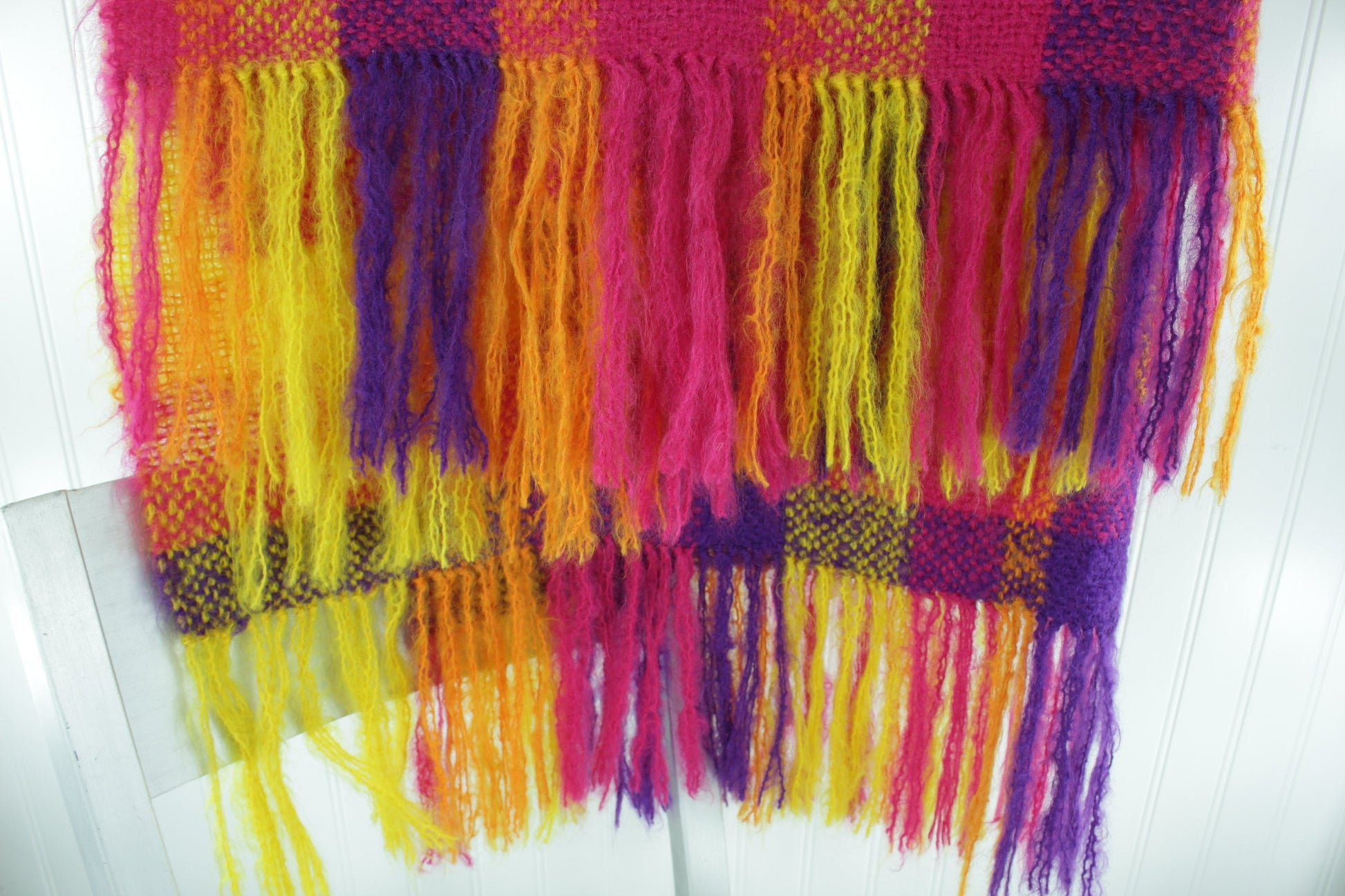 Wool Mohair Throw Scarf Modern Plaid 36 X 72 Pink Orange Yellow 7" fringe stunning