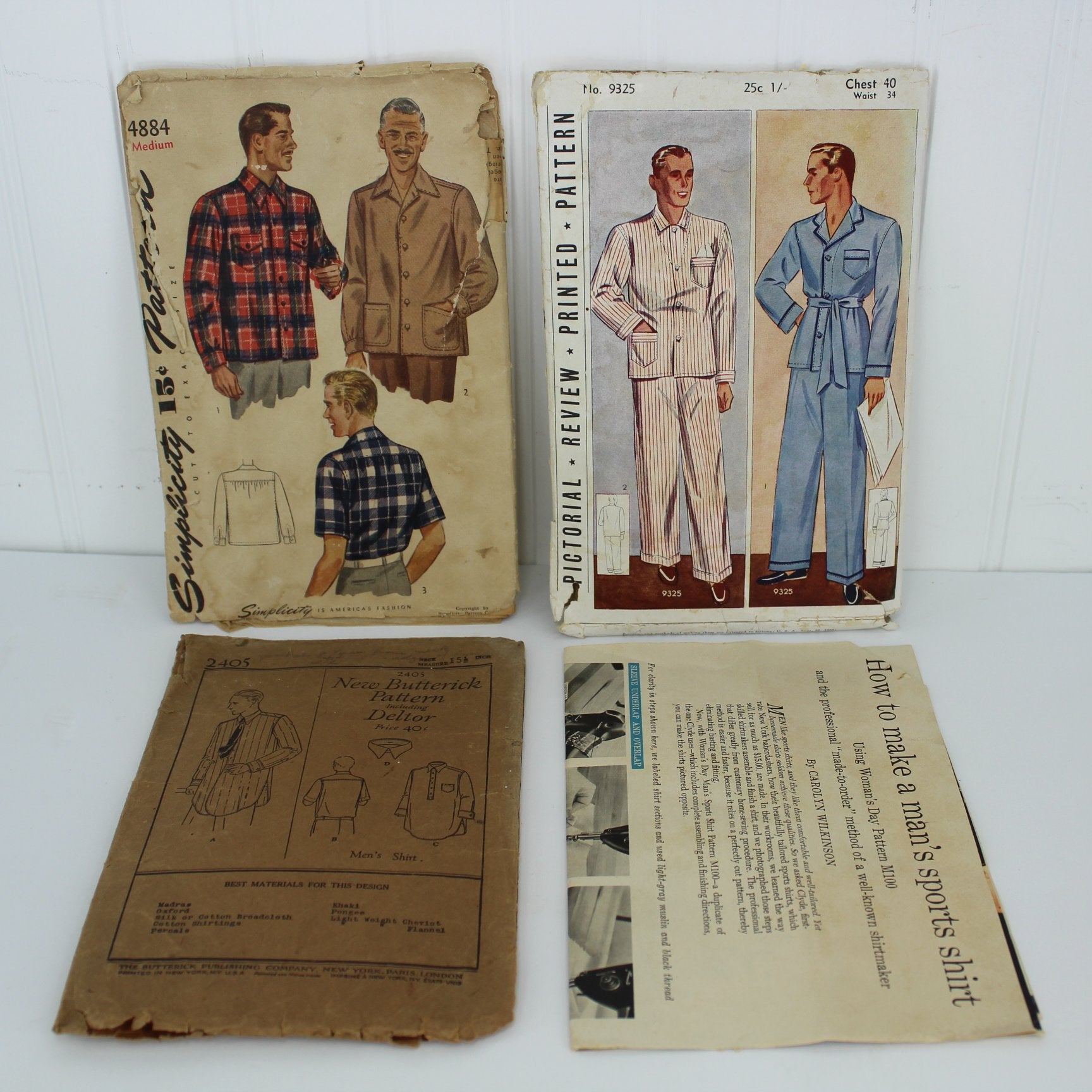 Collection Lot 3 Vintage Antique Sewing Patterns Men's Butterick Deltor early 1900s Pictorial Review PJ's Shirt Jacket