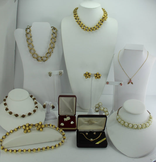 Jewelry Lot 8 Sets Necklace Earrings Vintage Germany Gold Crackle Filigree Pearl CZ MOP