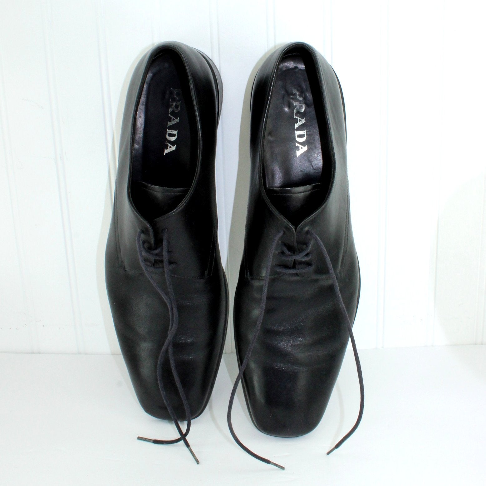 Prada Mens Black Leather Dress Shoes 10 1/2 Smooth Square Toe Elegant soles excellent