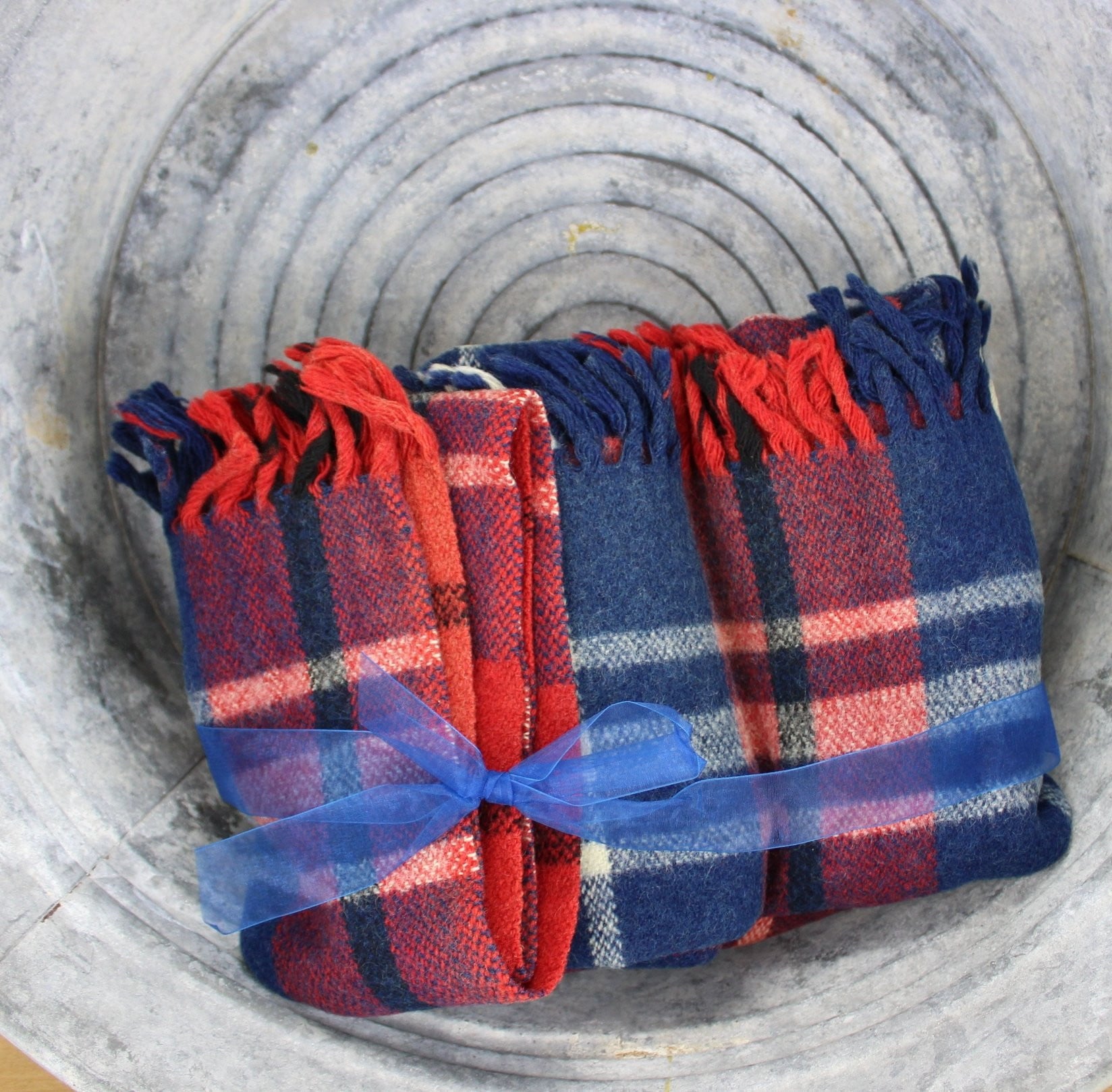 Vintage Ayers Mills Wool Throw Blanket - "Rough Rider" Red White Blue 56" X 62" Canada