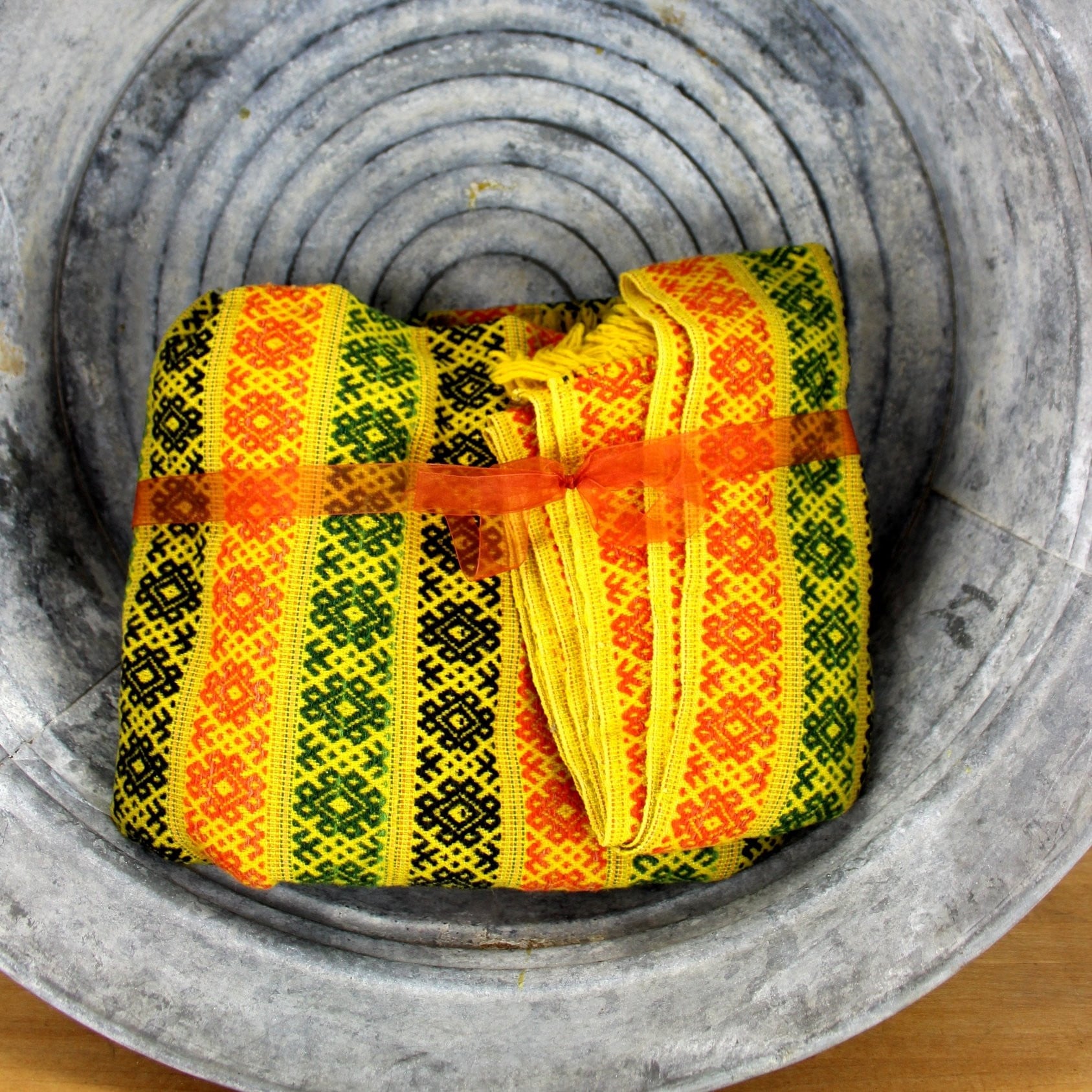 Vintage Ukraine Fiber Art Woven Wool Runner - Bed Decor Shawl Orange Yellow Green Black - 50" X 78"  