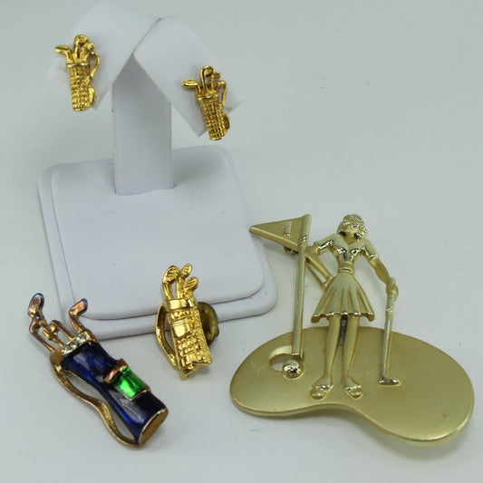 Lot Golf Jewelry 4 Pieces AJC Pin Post Earrings Enamel Rhinestone Bag Pin Button FUN