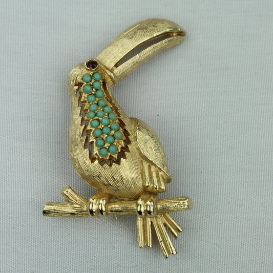 Vintage Pin Toucan Turquoise Color Beaded Gold Tone  Mid Century