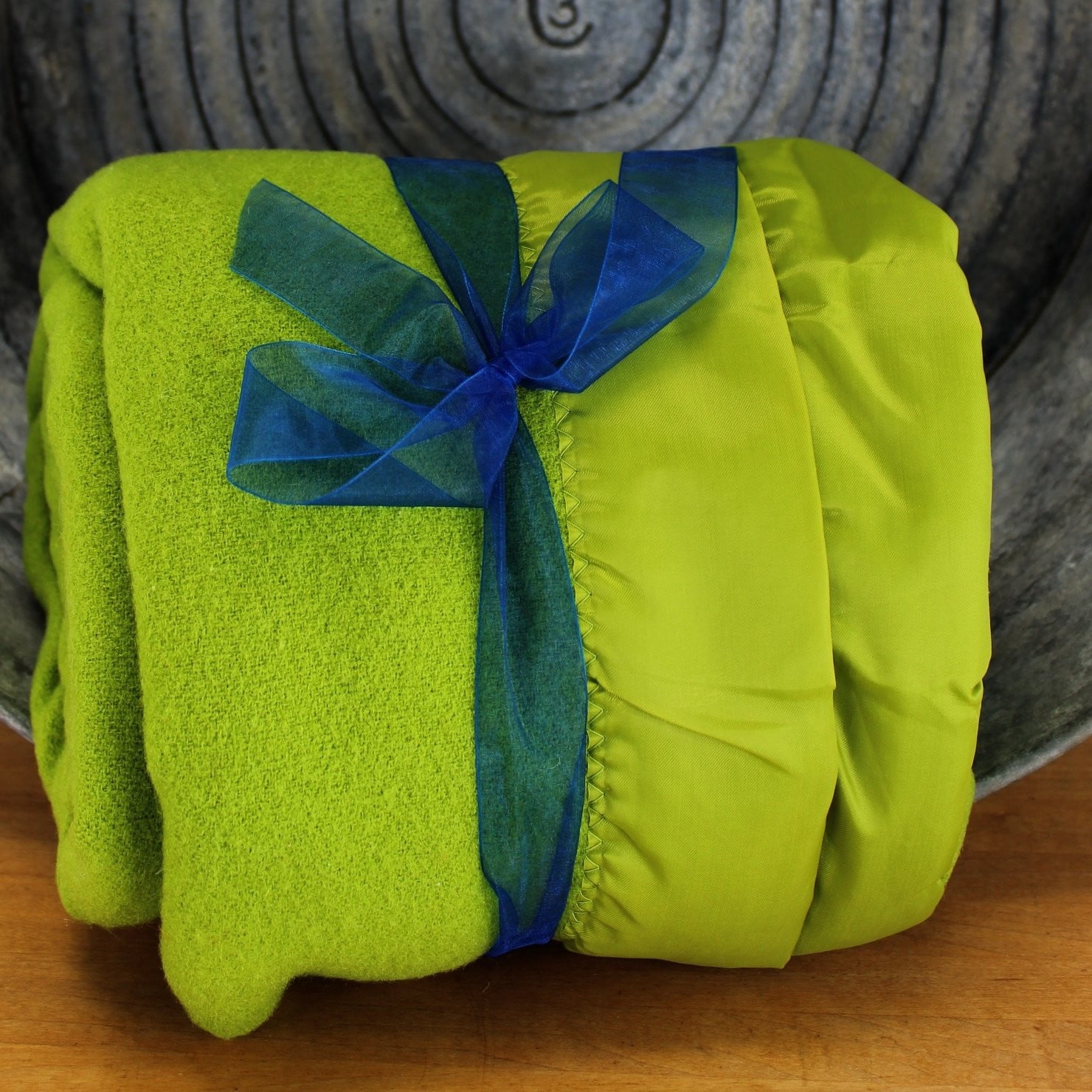 Vintage JP Stevens Wool Blanket - Avocado Green w/Nylon Binding - 66" X 84"