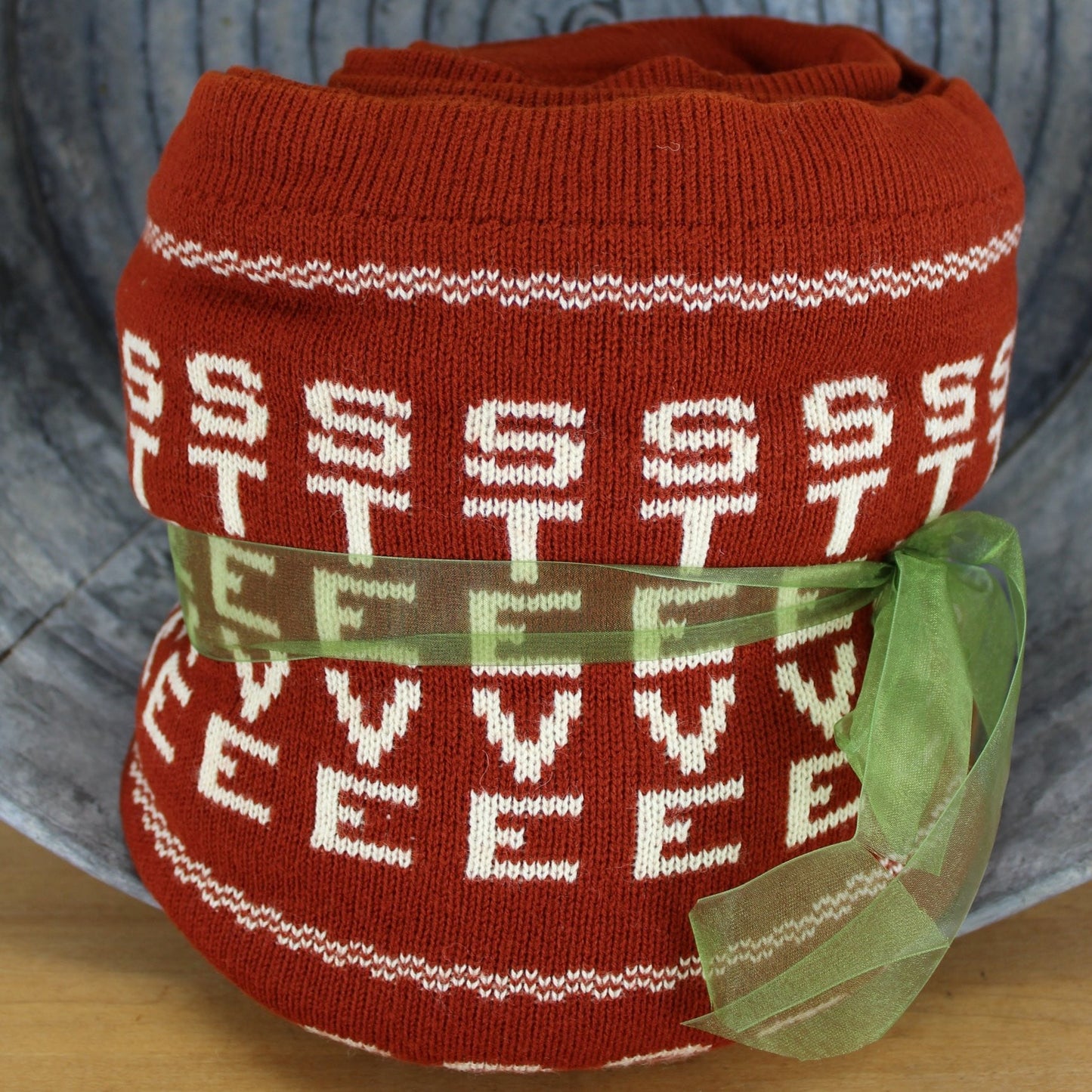 Vintage Unbranded Acrylic Throw Blanket - "STEVE" Monogram Hand Knit Christmas 1982 Reversible - 54" X 70" OAO