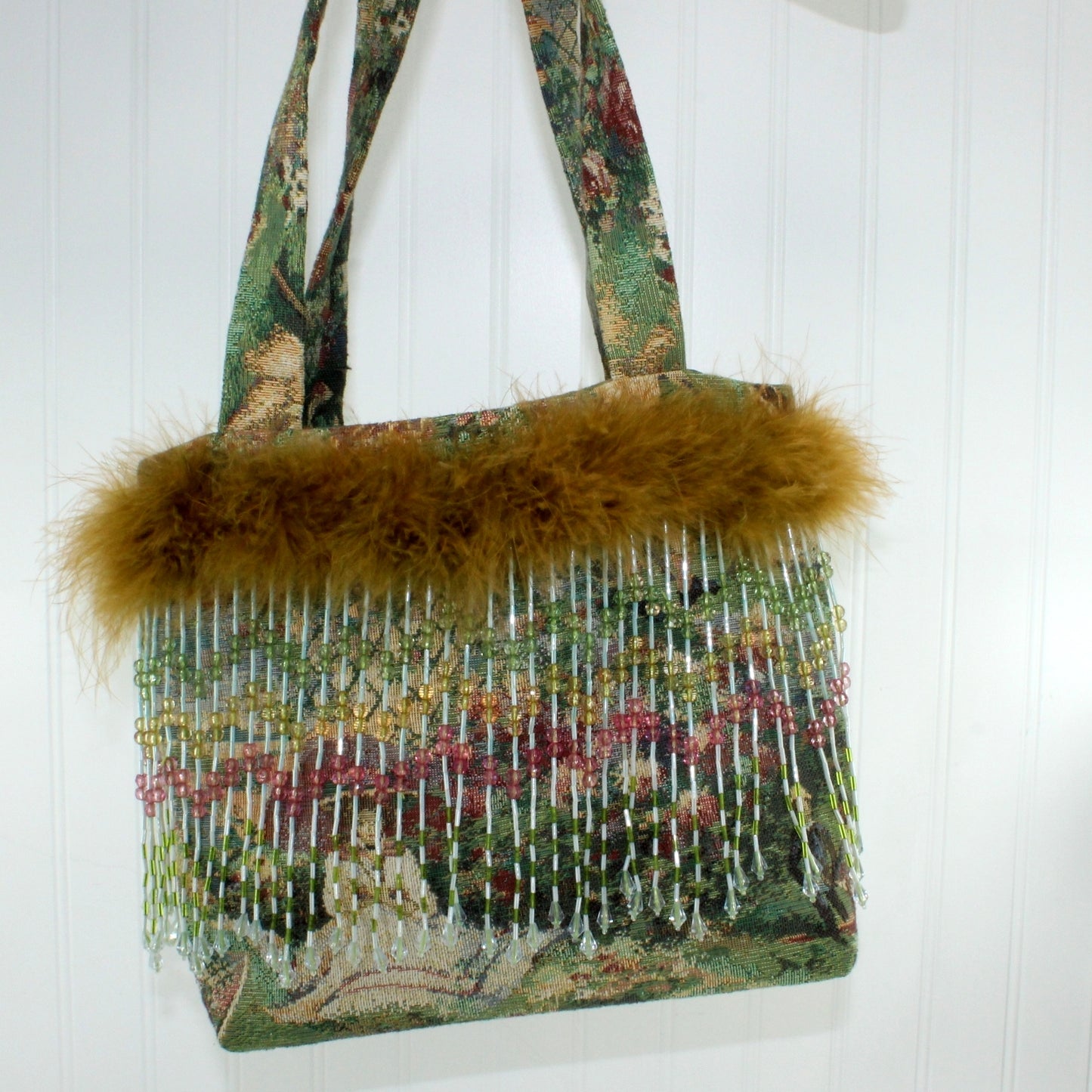 Tapestry Tote Shoulder Bag Hand Made Long Bead Fringe Ostrich Trim