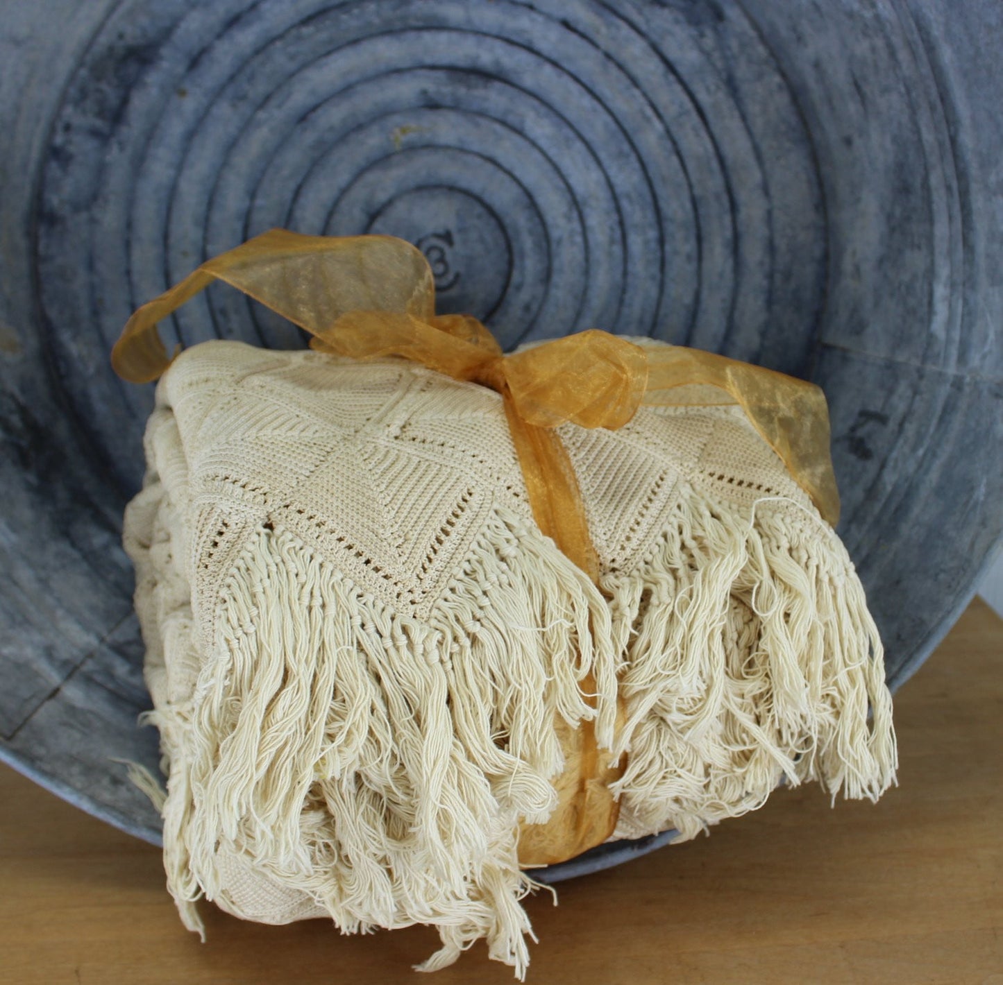 Hand Made Antique Cotton Crochet Coverlet Bedspread - Echru - 76" X 78" vintage bedspread pointed edges long fringe