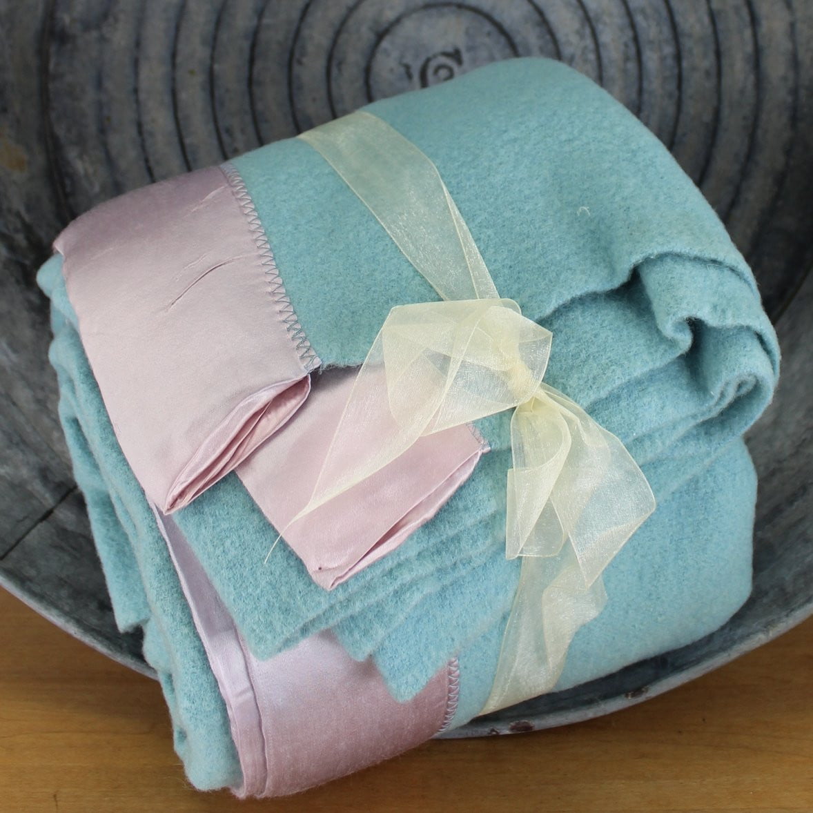 Vintage Unbranded Wool Blanket - 1950's Sky Blue Wide Satin Binding - 69" X 83"