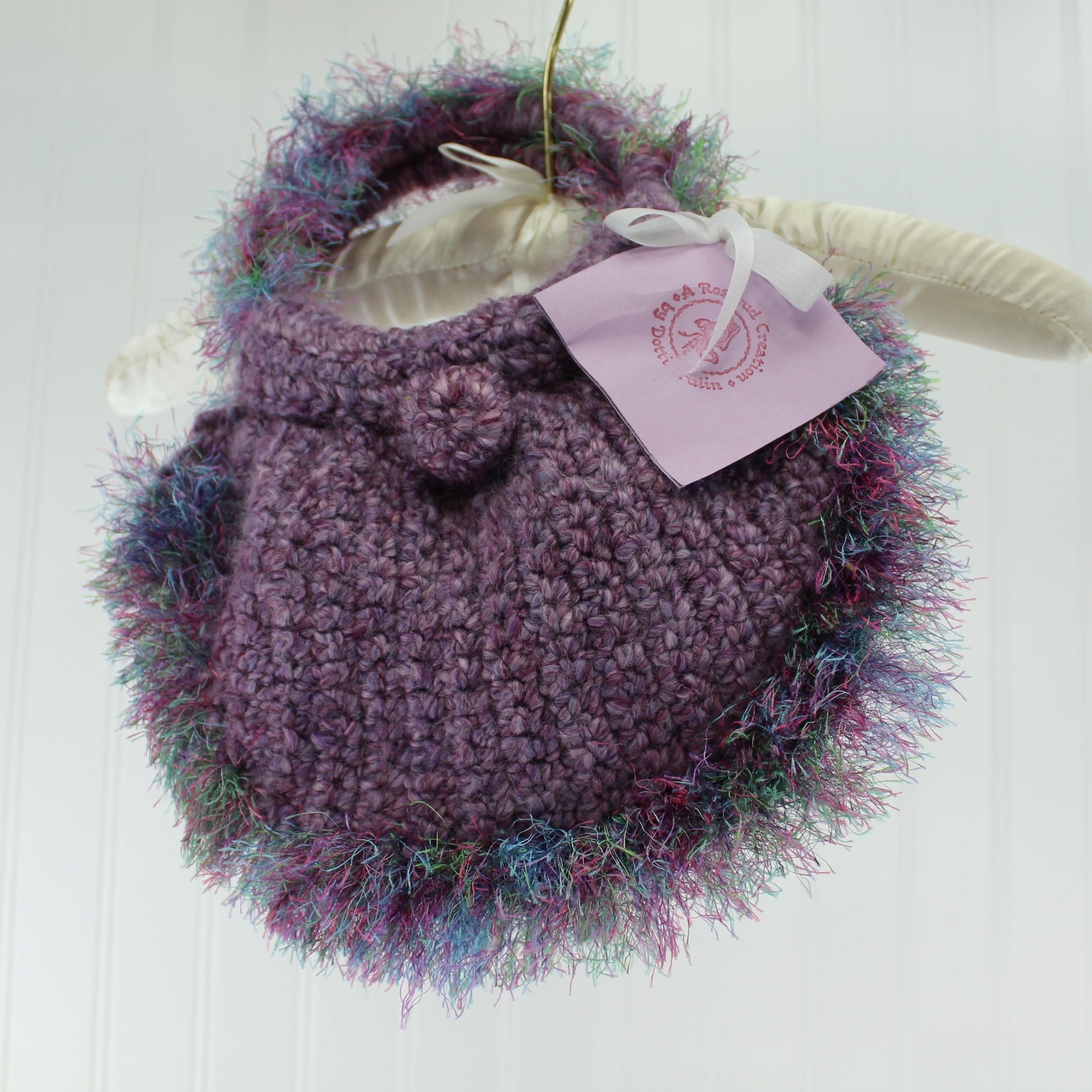 Rosebud Creation Hand Made Crocheted Wool Purse Eyelash Fringe "Lavender Fluff" evening bag