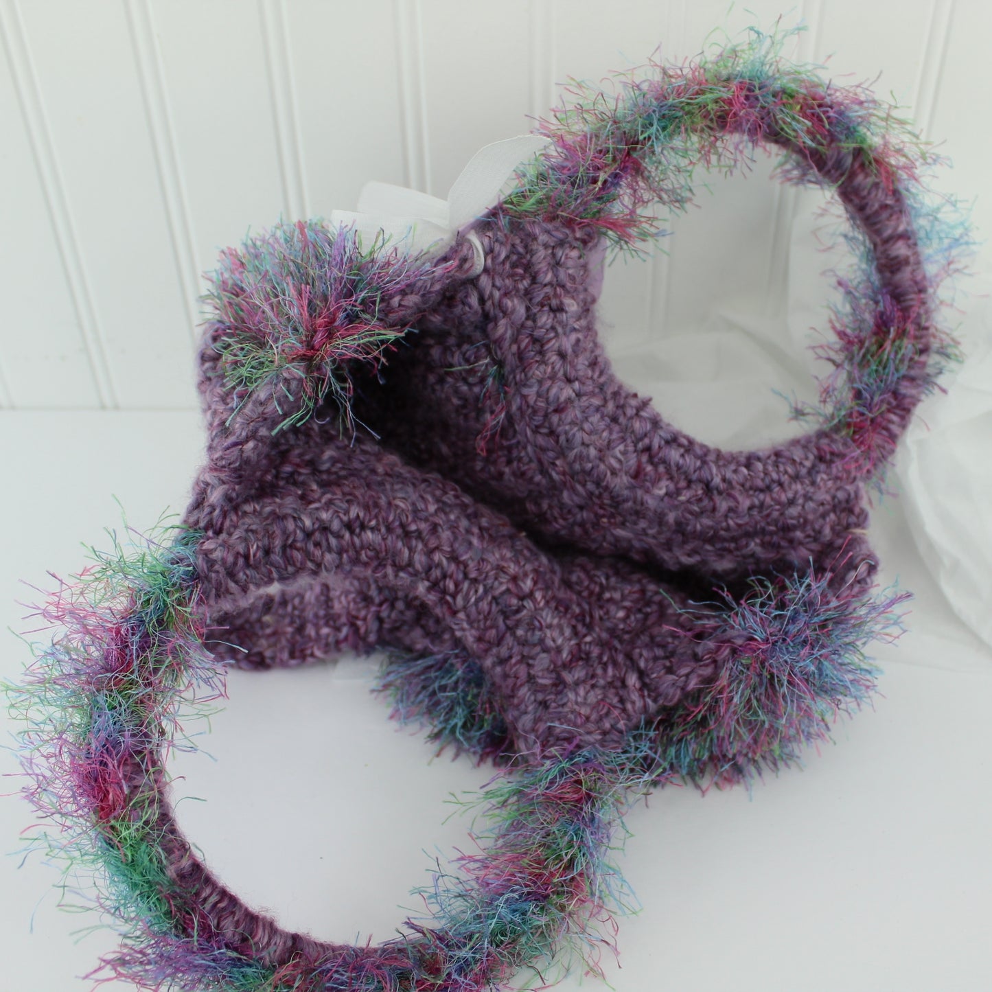 Rosebud Creation Hand Made Crocheted Wool Purse Eyelash Fringe "Lavender Fluff" round handles with eyelash yarn