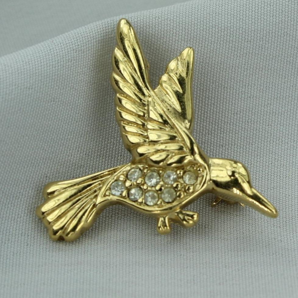 Vintage TRIFARI Pin Tiny Gold Tone Rhinestone Bird flight