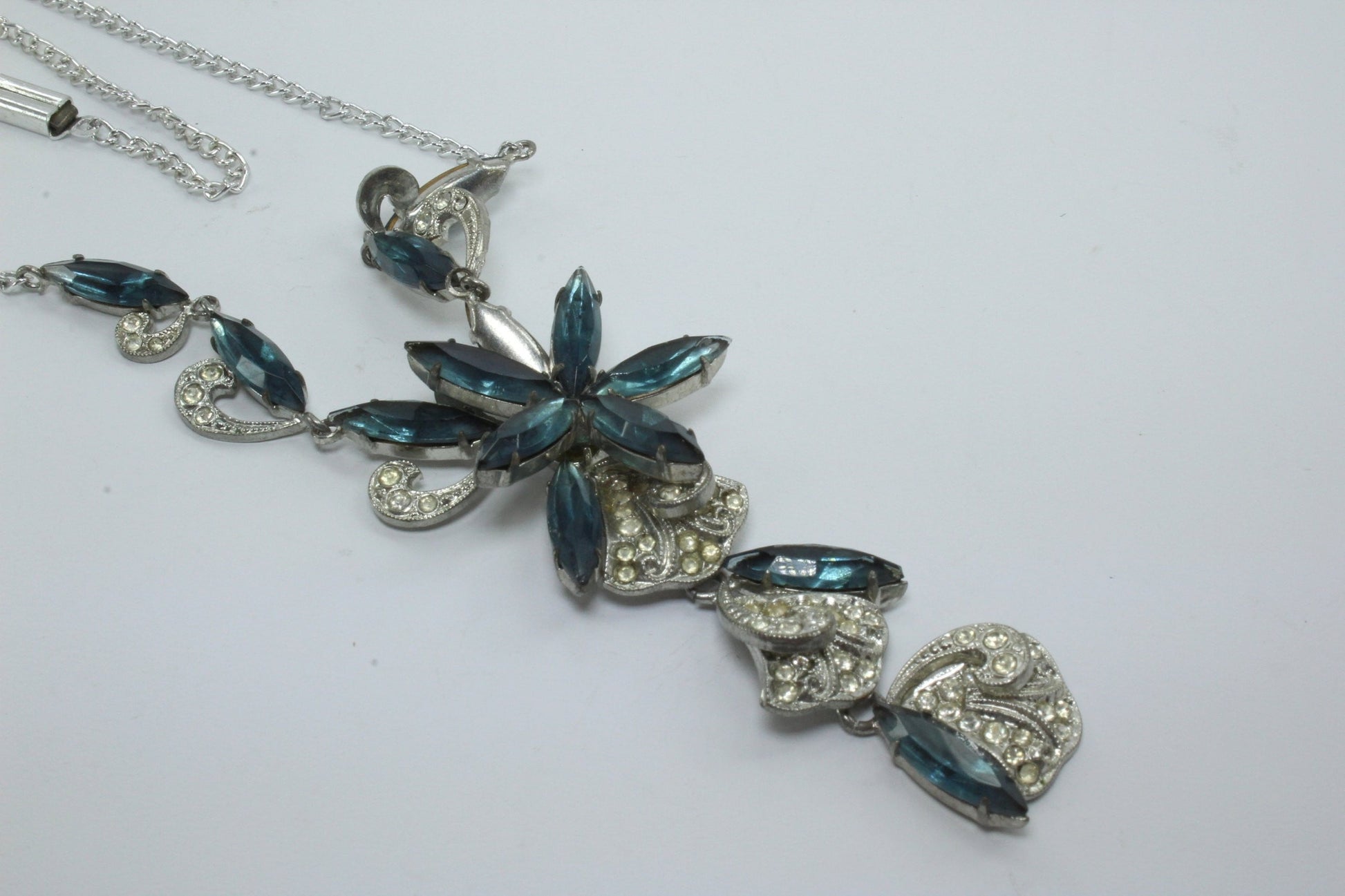 Stunning Lavalier Necklace Blue and Clear Glass Dimensional Lovely wedding