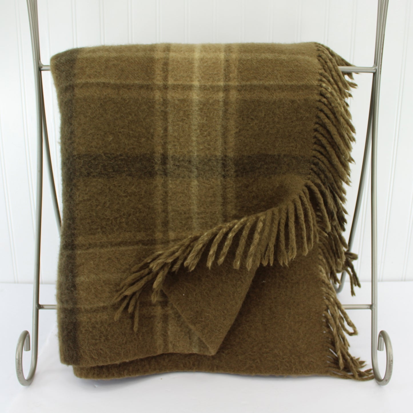 Sibley Lindsay Curr Rochester NY Wool Throw Blanket Very Heavy Reversible Brown Plaid to Solid