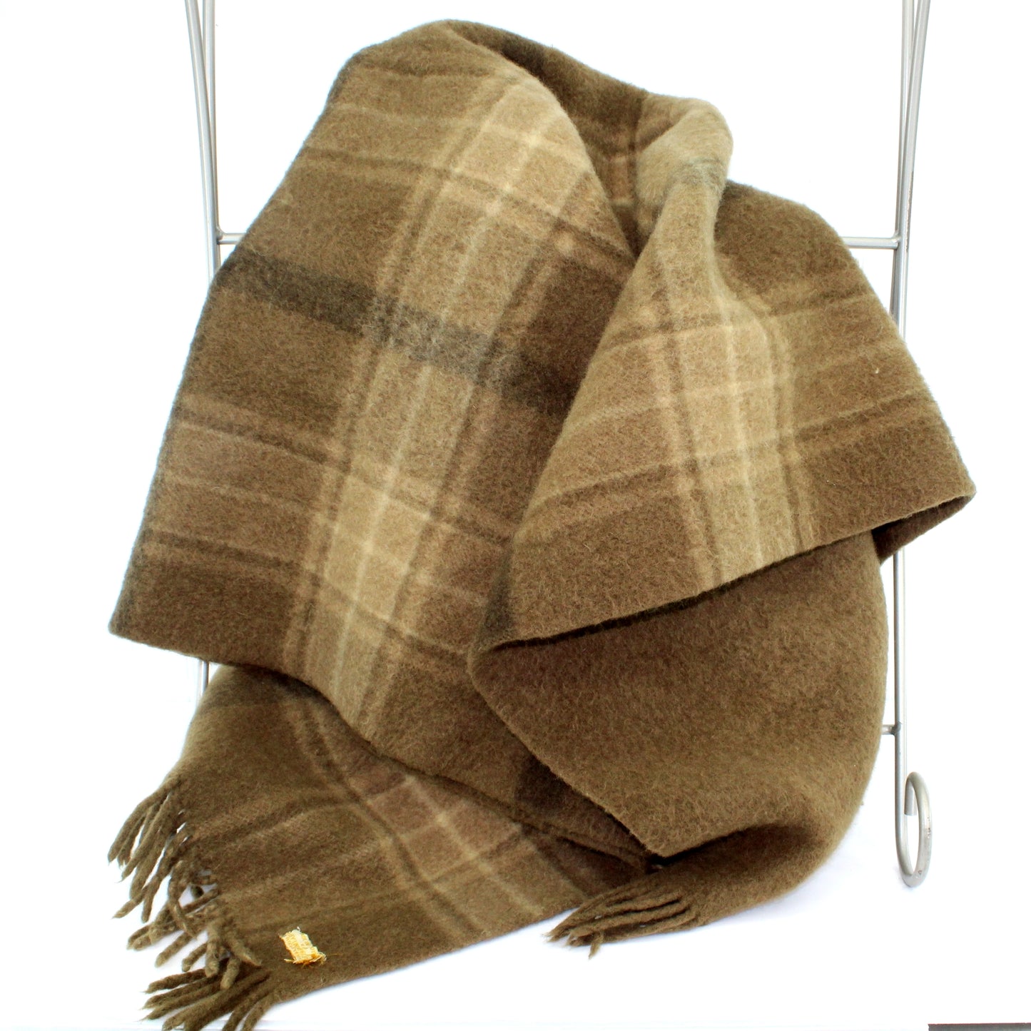 Sibley Lindsay Curr Rochester NY Wool Throw Blanket Very Heavy Reversible Brown Plaid to Solid shades of brown plaid and solid