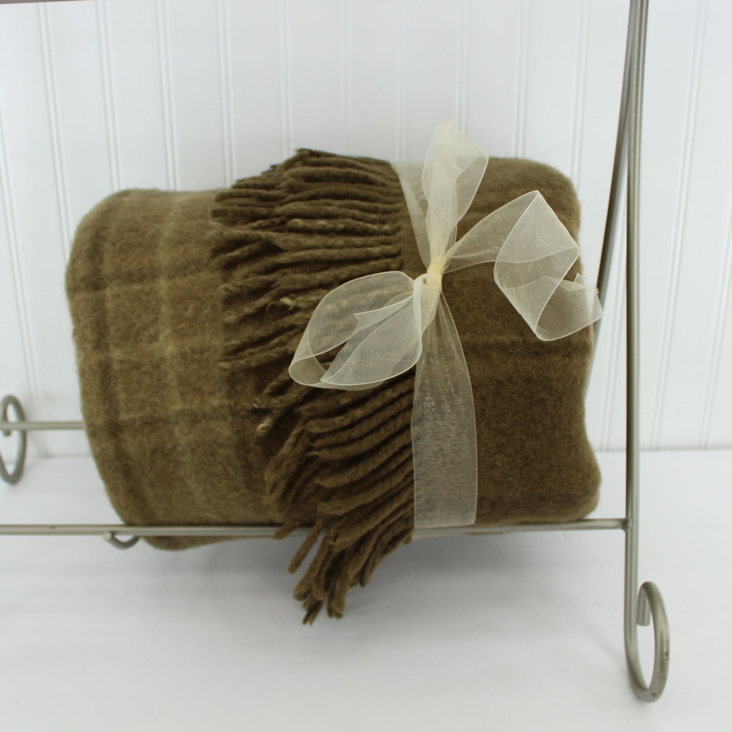 Sibley Lindsay Curr Rochester NY Wool Throw Blanket Very Heavy Reversible Brown Plaid to Solid very warm heavy blanket