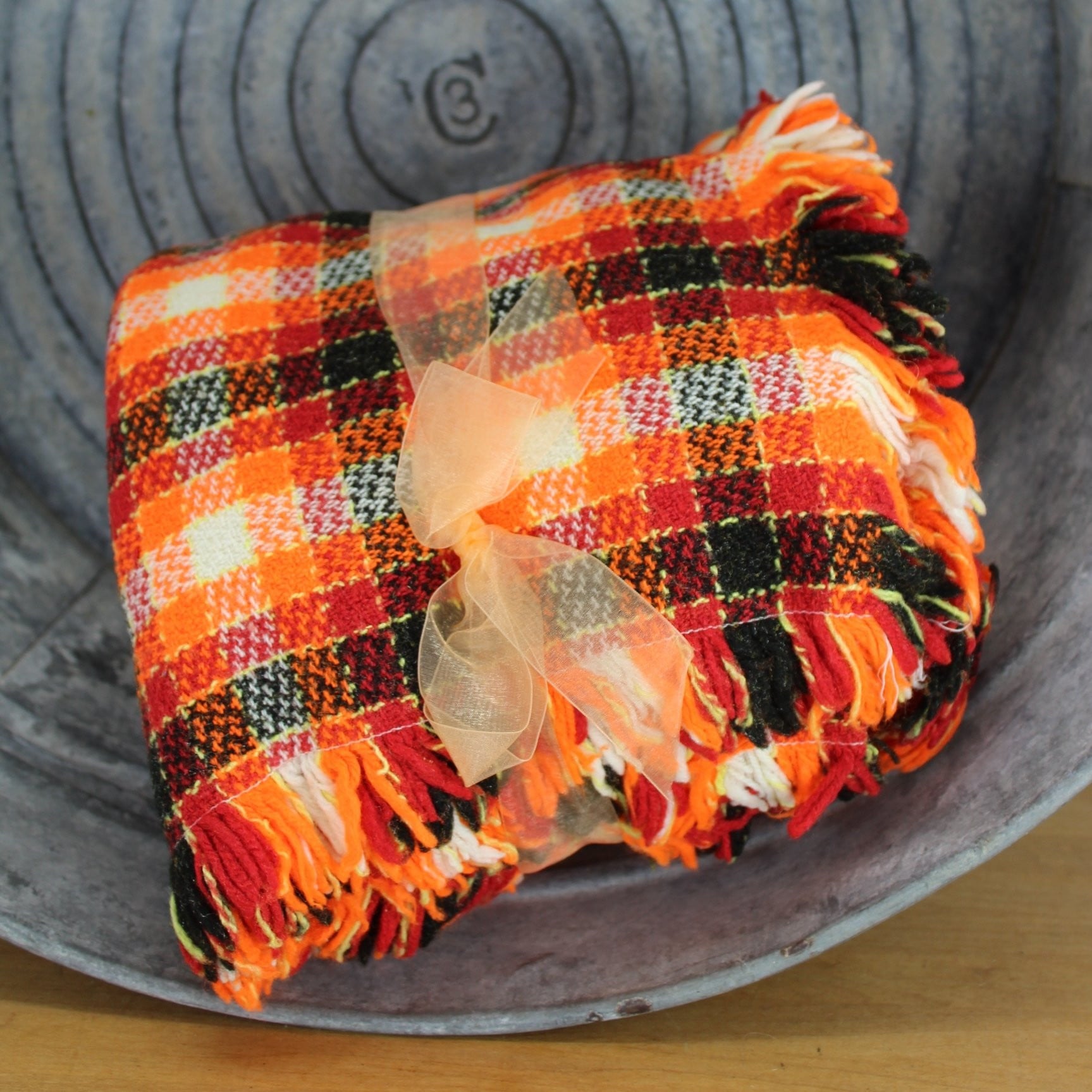 Vintage Unbranded Acrylic Cotton Blend Blanket Bedspread - Orange Yellow Black Plaid - 76" X 74"