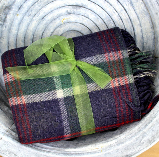 Vintage Unbranded Blanket Throw - Navy Red Plaid Reversible Special Price - 52" X 58" no tag