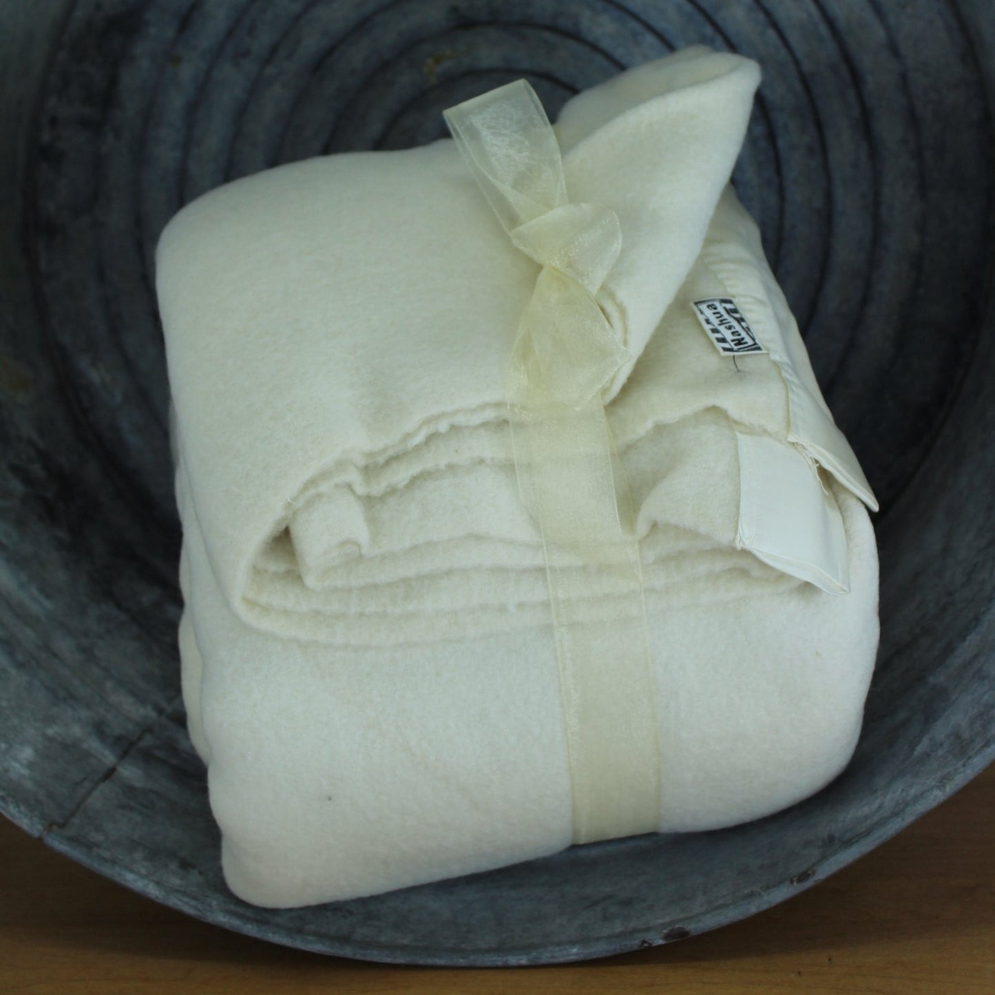 Vintage Nashua Wool Blanket - Ivory w/Satin Binding - 71" X 86"