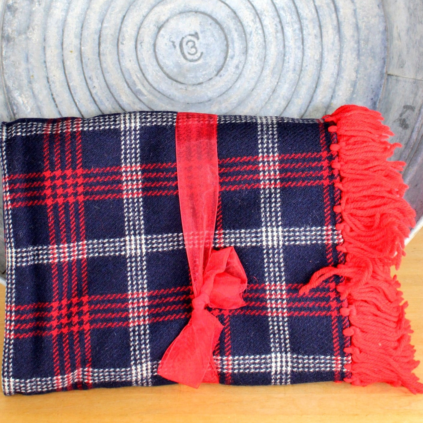 Vintage Hand Made Throw Blanket - Red White Navy, Wool Yarn Fringe - 57" X 52"